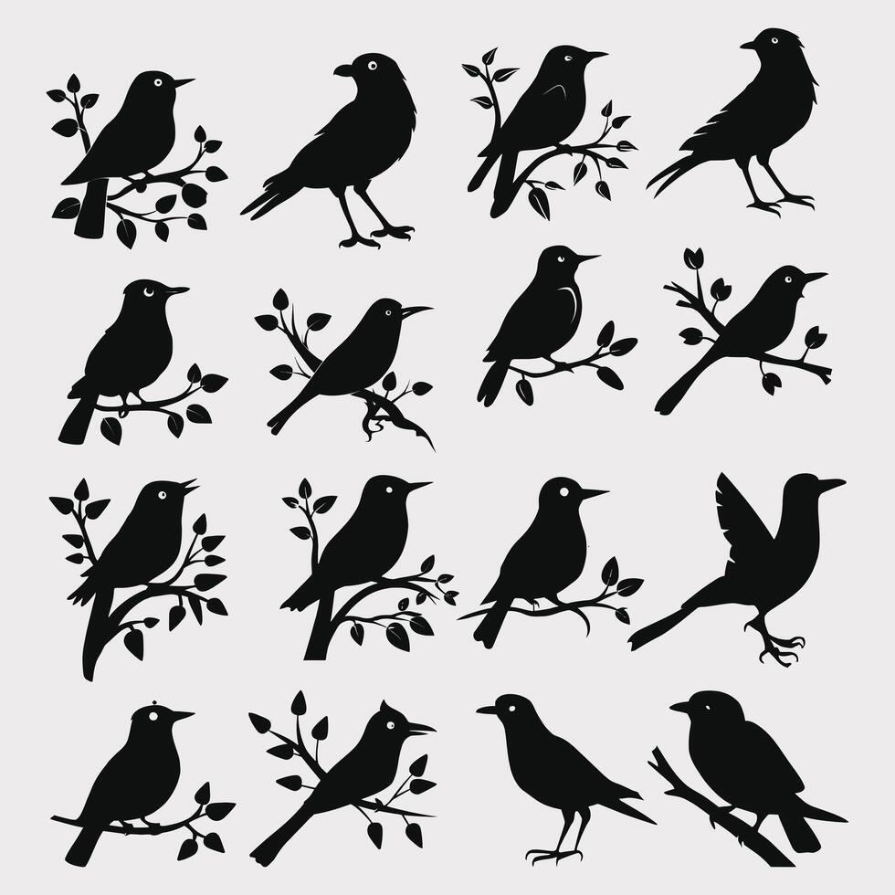 conjunto de un rebaño de volador diferente aves siluetas colección de diferente dibujos animados negro aves en blanco antecedentes. vector ilustración.