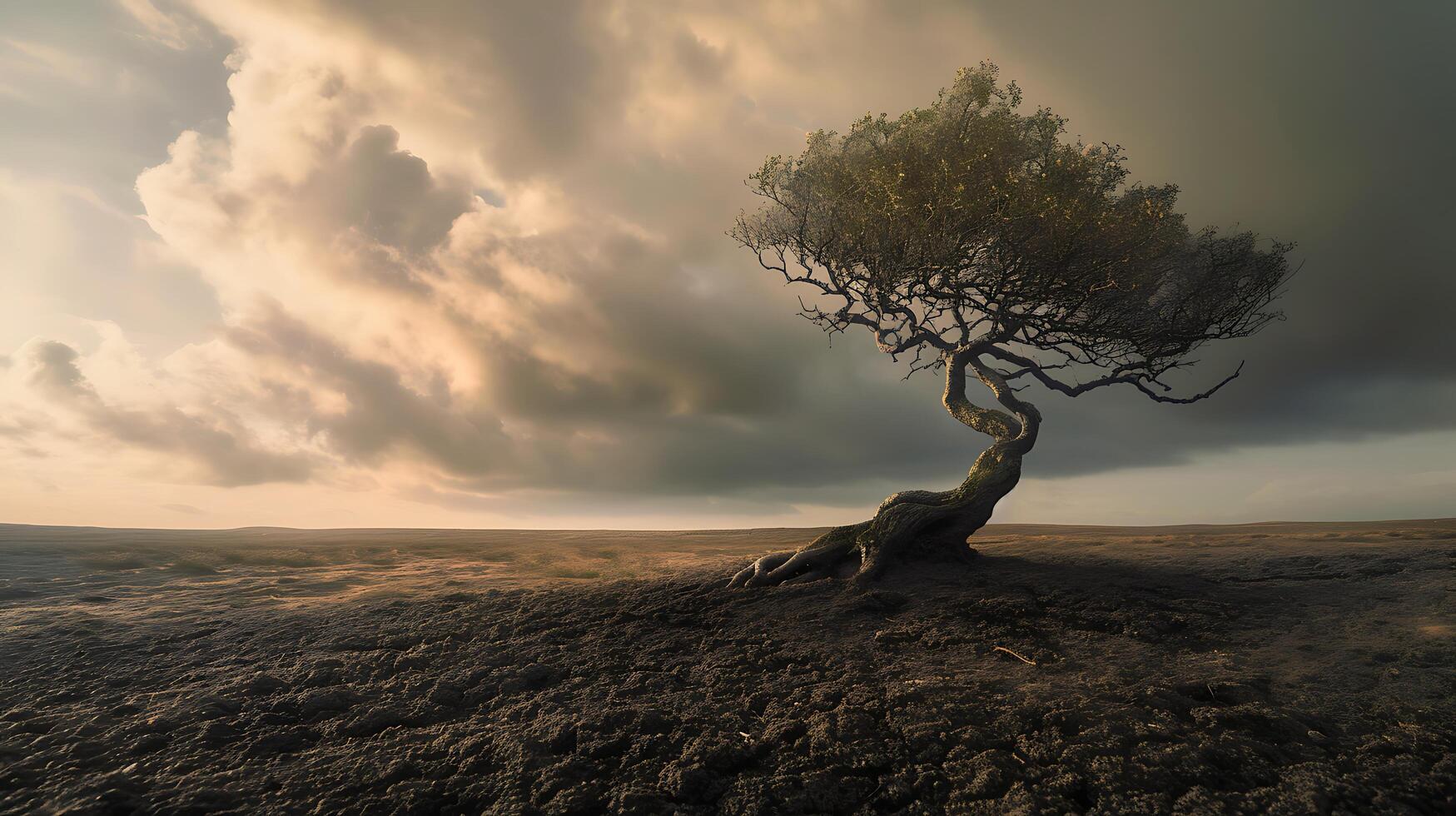 ai generado elástico árbol soportes firma en medio de solitario paisaje bañado en suave dorado resplandor foto