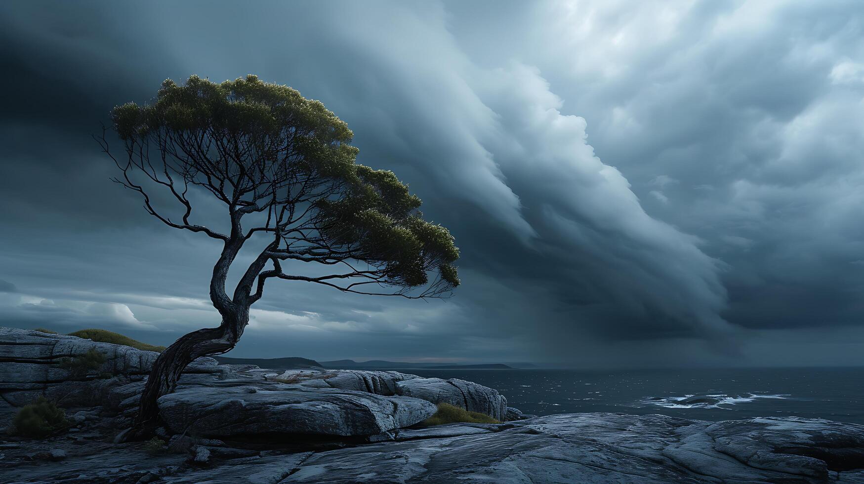 AI generated Resilient Lone Tree Defies Stormy Sky with Firm Roots and Unyielding Branches photo