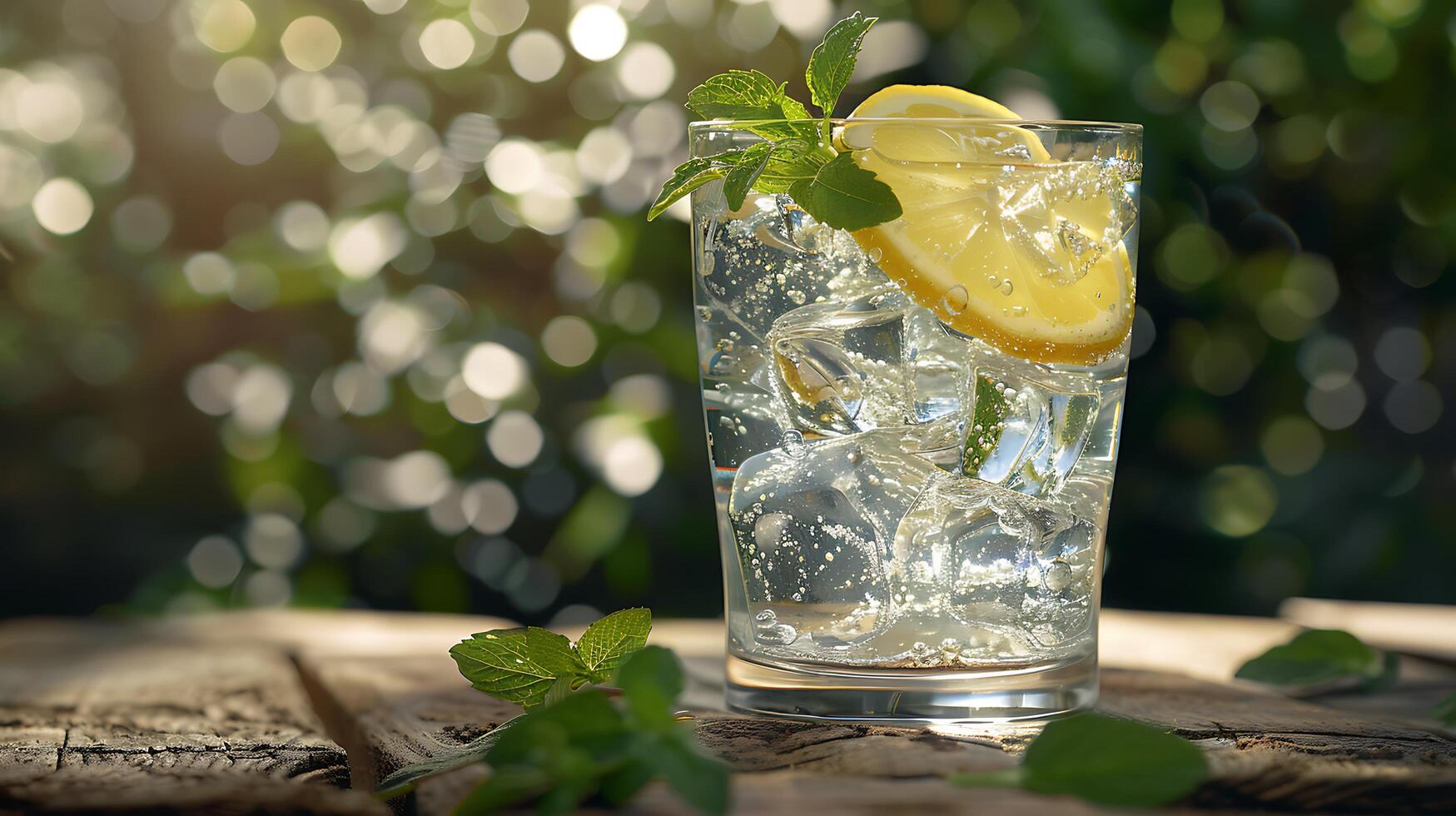 AI generated Refreshing Lemonade on Rustic Table Captured in Closeup with 50mm Lens Detailing Condensation and Lemon Slice photo