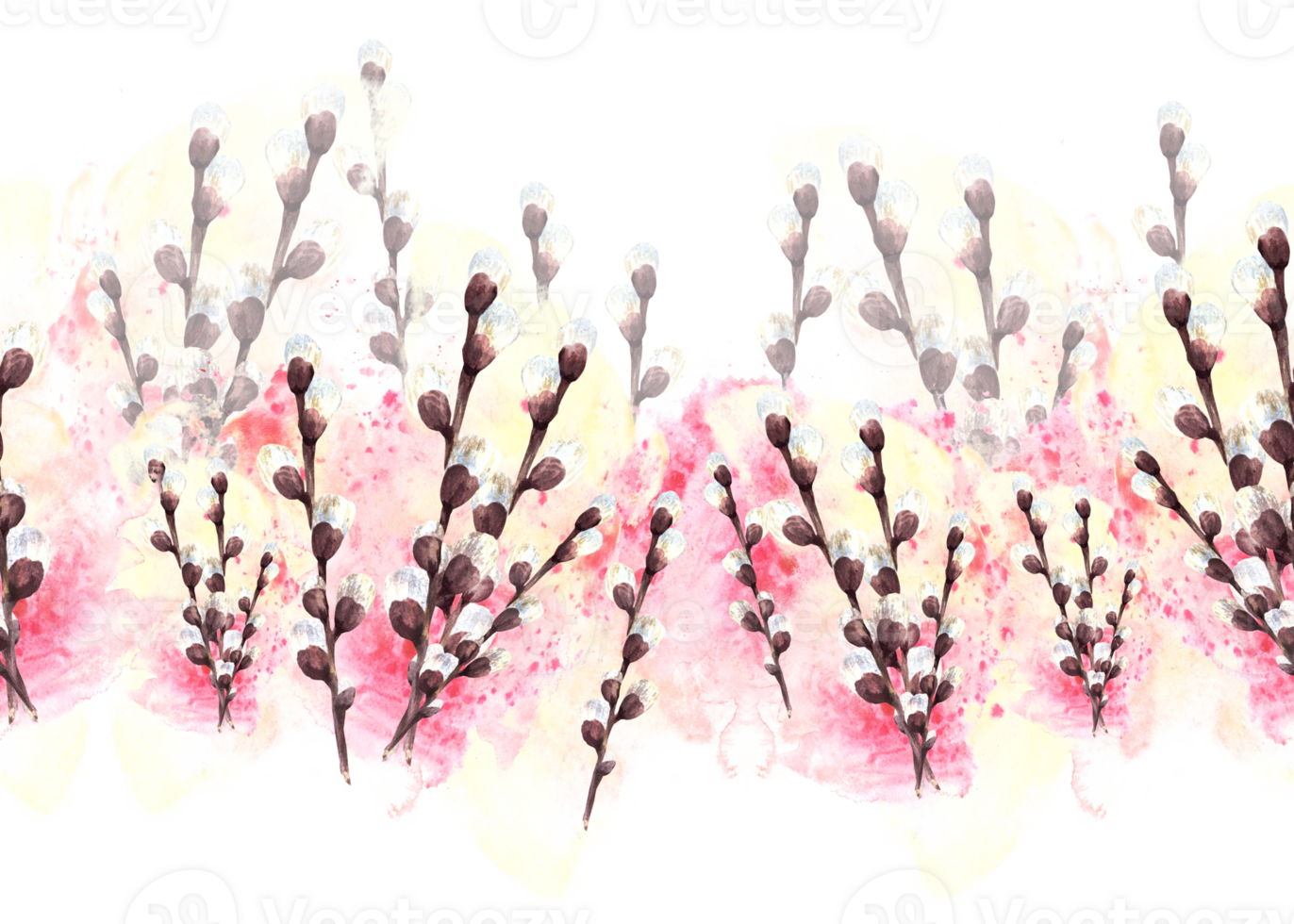 Aquarell Frühling Muschi Weide Baum auf Hintergrund von Aquarell Gelb, Rosa beflecken spritzt nahtlos Grenze, Muster Frühling Geäst, Ostern, Palme Sonntag Karte Vorlage Hand gezeichnet Illustration png