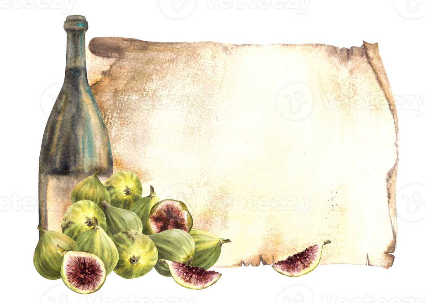 reif Feigen Obst mit Wein Flasche auf alt Papyrus Blatt Hintergrund, Speisekarte, Wein Liste, Wein Herstellung Vorlage. Aquarell Hand zeichnen Essen isoliert Illustration zum Ihre drucken von Aufkleber, Flyer, trinken, Karte png