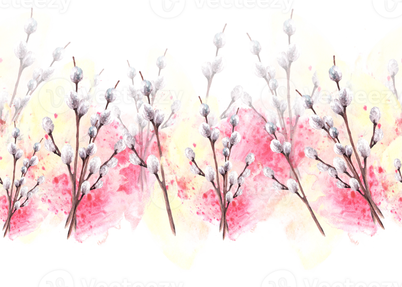 Watercolor spring pussy willow tree on background of watercolor yellow, pink stain splashes seamless border, pattern Spring branches, Easter, Palm Sunday card template Hand drawn illustration png