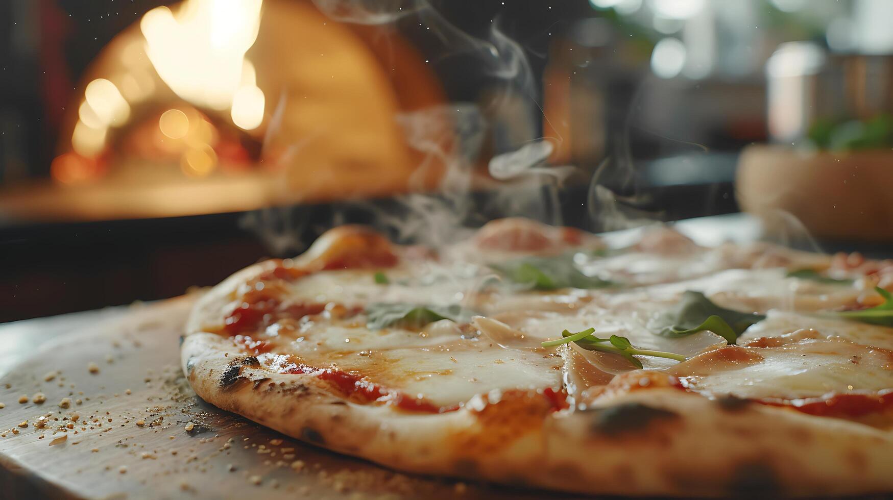 ai generado deliciosamente horneado Pizza con derritiendo queso y vapor capturado en de cerca Disparo en contra un rústico cocina antecedentes foto