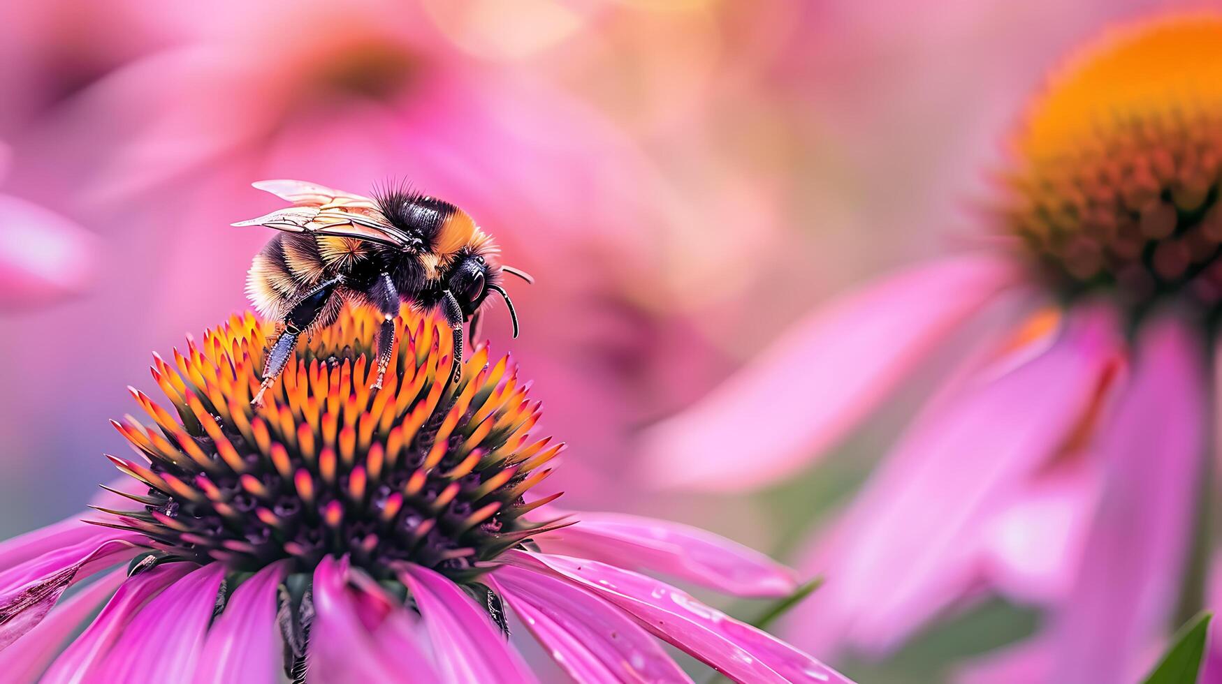 ai generado vibrante rosado flor recibe abeja polinización en de cerca macro Disparo foto