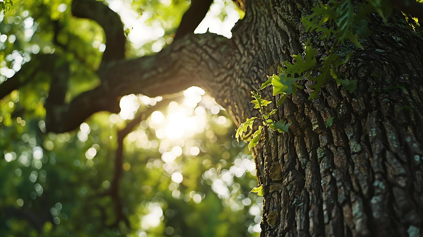 AI generated Majestic Oak Tree Sunlight and Intricate Details in Lush Green Forest photo
