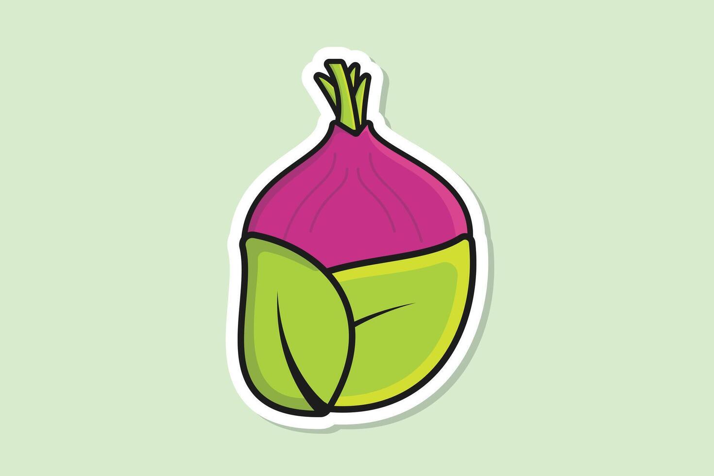 Onion vegetable with Green Leaves Sticker design vector illustration. Food nature icon concept. Creative Onion and organic leaves sticker design logo icons with shadow.