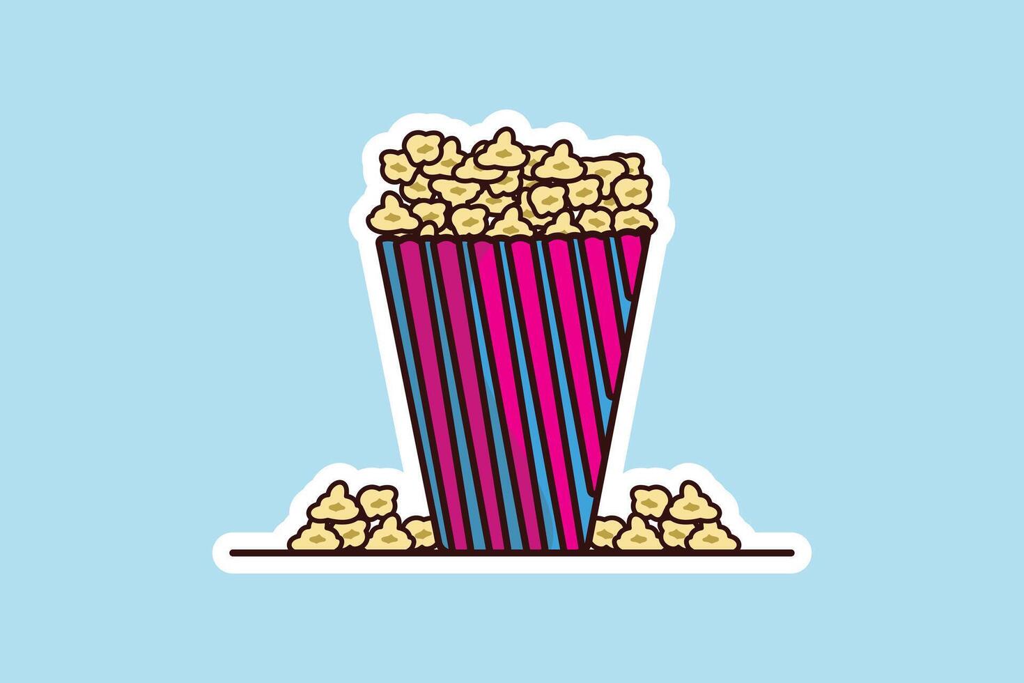 Popcorn In Popcorn Pack Sticker vector illustration. Movie cinema icon concept. Snack food. Big red blue strip box with popcorn sticker vector design with shadow.