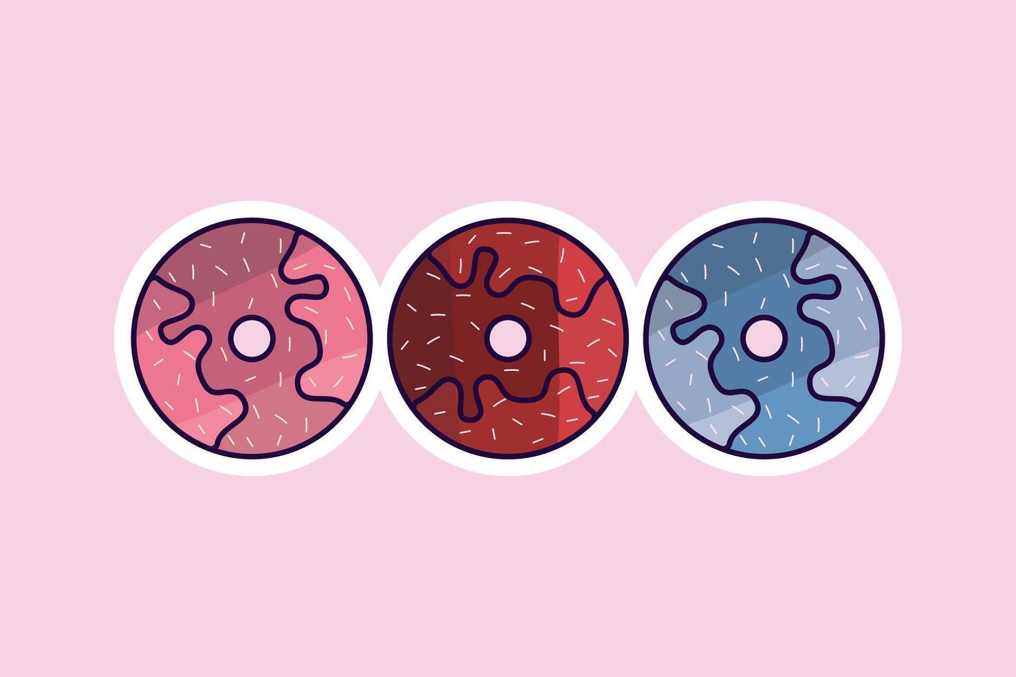 Set of Donuts with Icing Sticker vector illustration. Food objects icon concept. Set of colorful glossy donuts with glaze and powder sticker vector design with shadow.