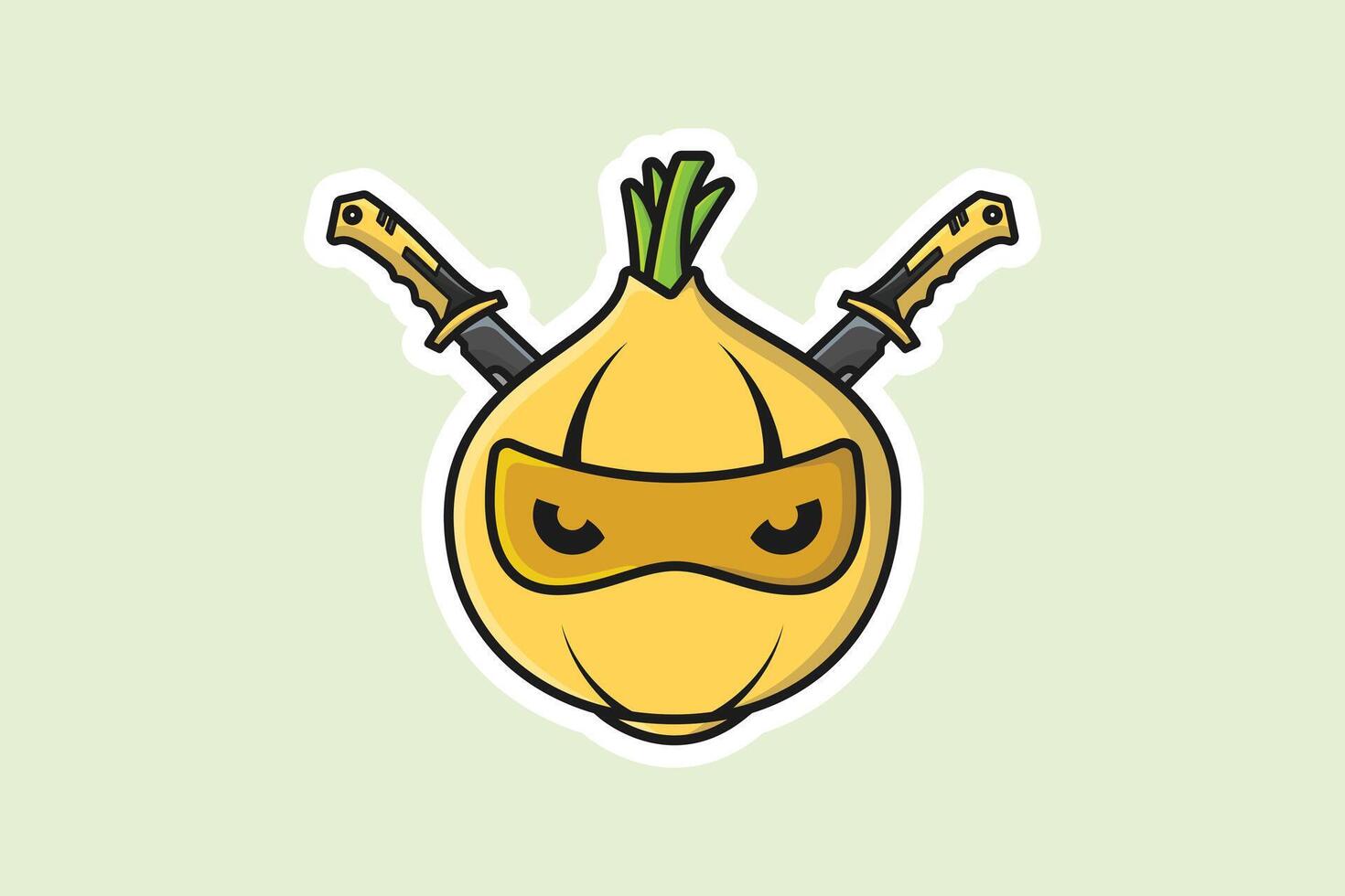 Onion Ninja with Swords Sticker design vector illustration. Food nature icon concept. Onion ninja cartoon character sticker design icons logo. Creative ninja onion logo icon.