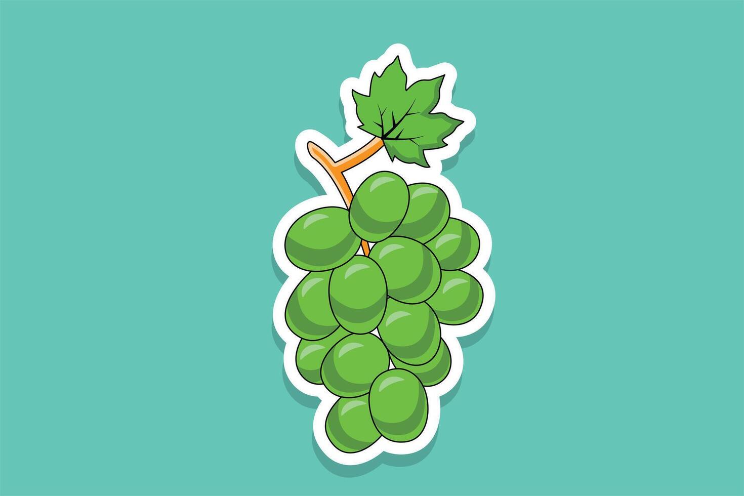 Green Grapes Sticker design vector illustration. A bunch of grapes fruit. Beautiful grapes with green leaf sticker design logo with shadow.