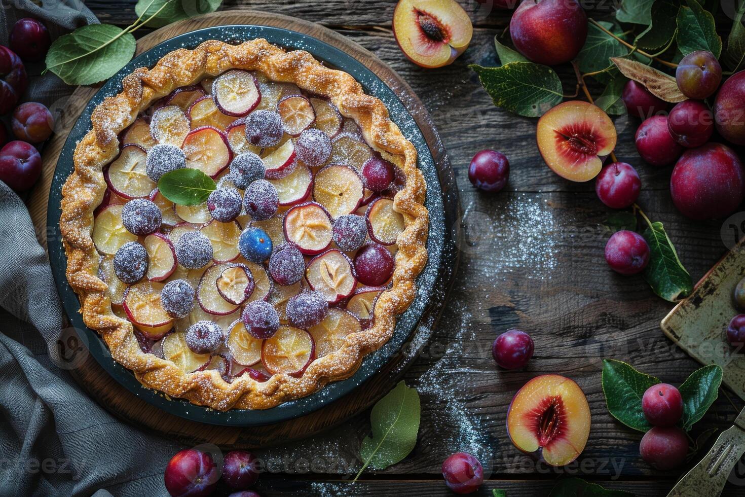 AI generated Top view banner with round plum pie photo