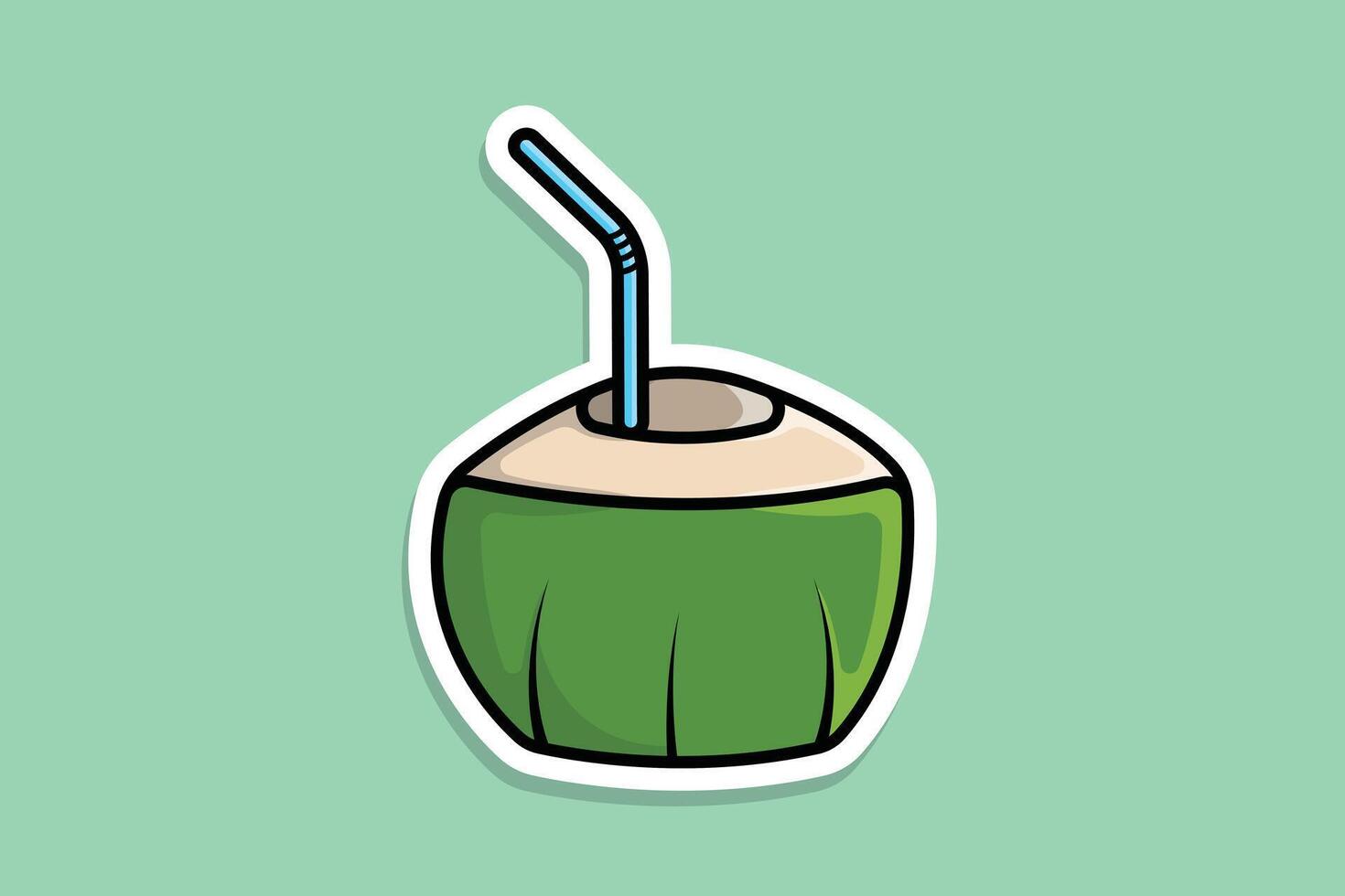 Green Coconut Fruits with Straw Sticker design vector illustration. Food objects icon concept. Summer fruits for healthy lifestyle. Organic fruits sticker design logo with shadow.