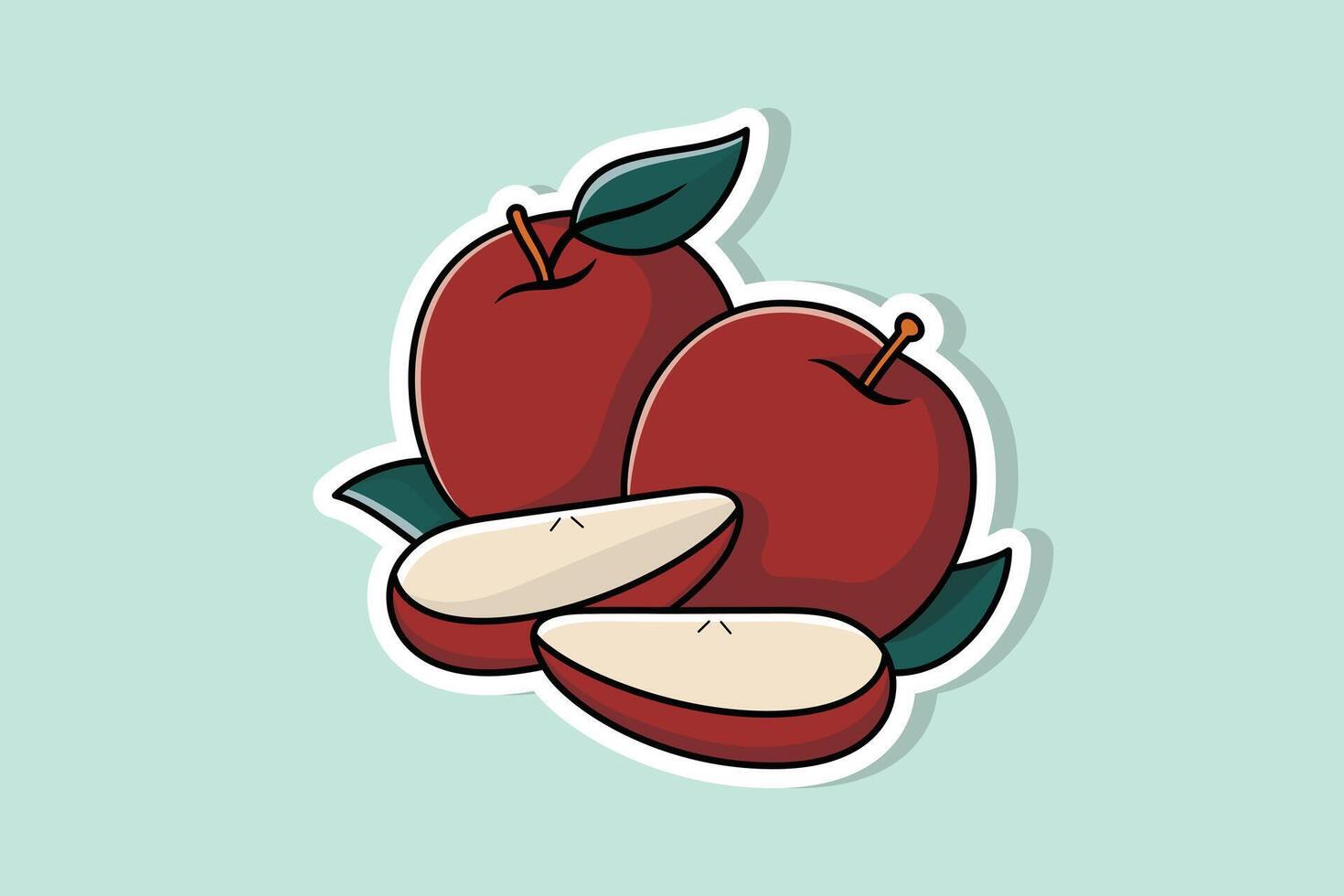 Red apple with green leaf and half apple pieces sticker design vector illustration. Food and drink objects icon concept. Fruit apple slices cartoon sticker style design logo.