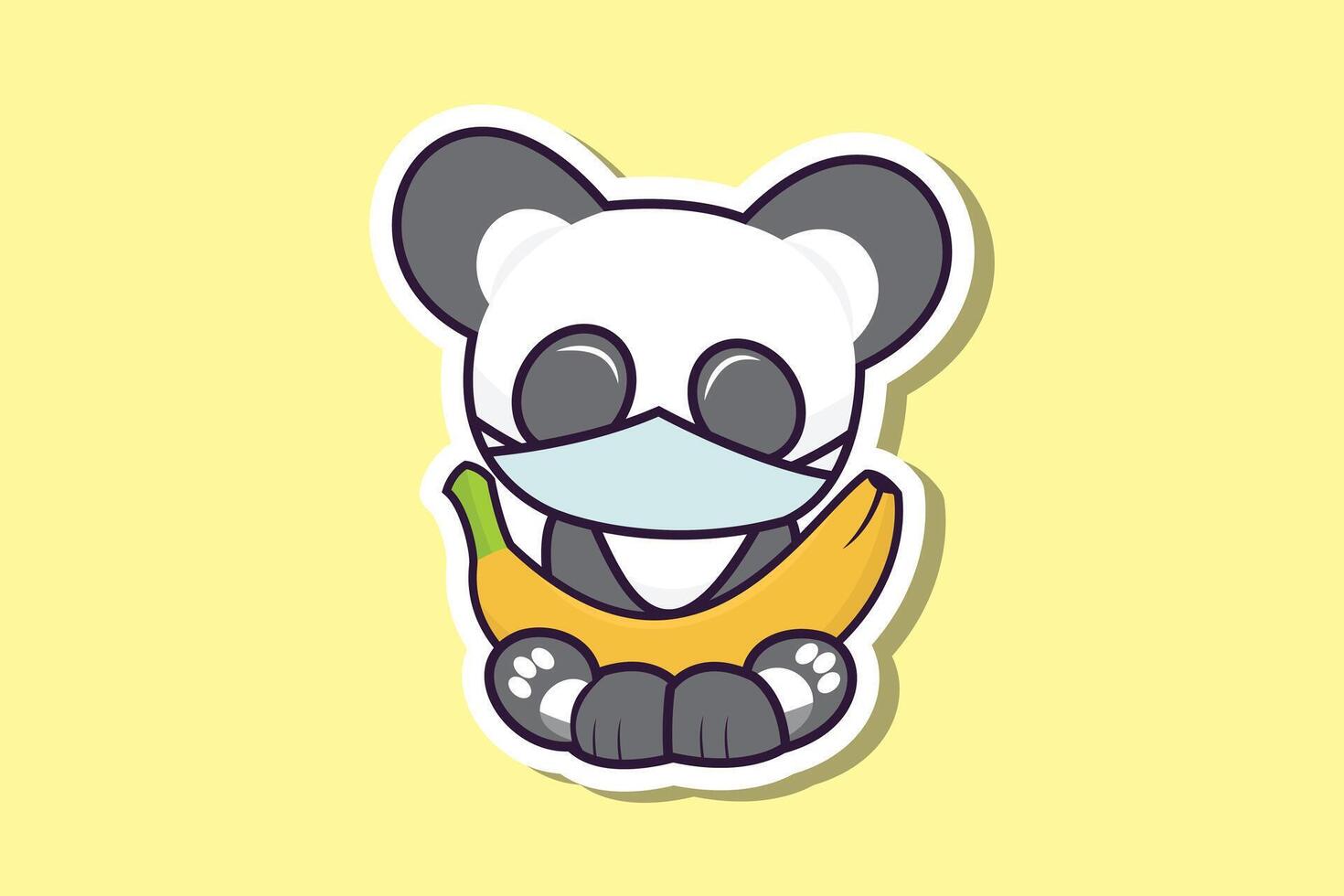 linda osito de peluche oso vistiendo máscara con plátano pegatina diseño vector ilustración. animal naturaleza icono concepto. plano dibujos animados estilo icono diseño.