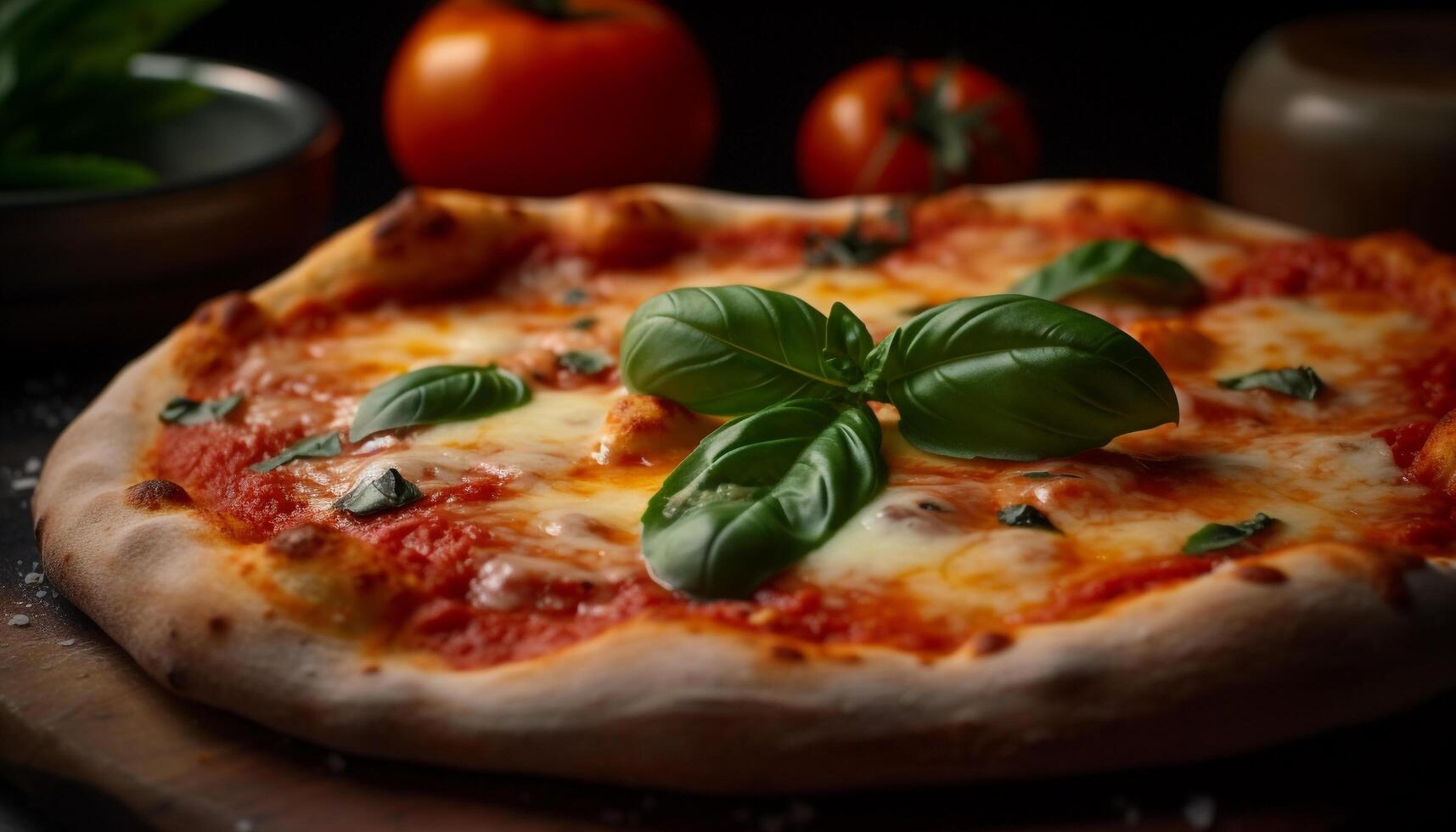 AI generated Freshly baked homemade Italian margherita pizza on rustic wooden table generated by AI photo