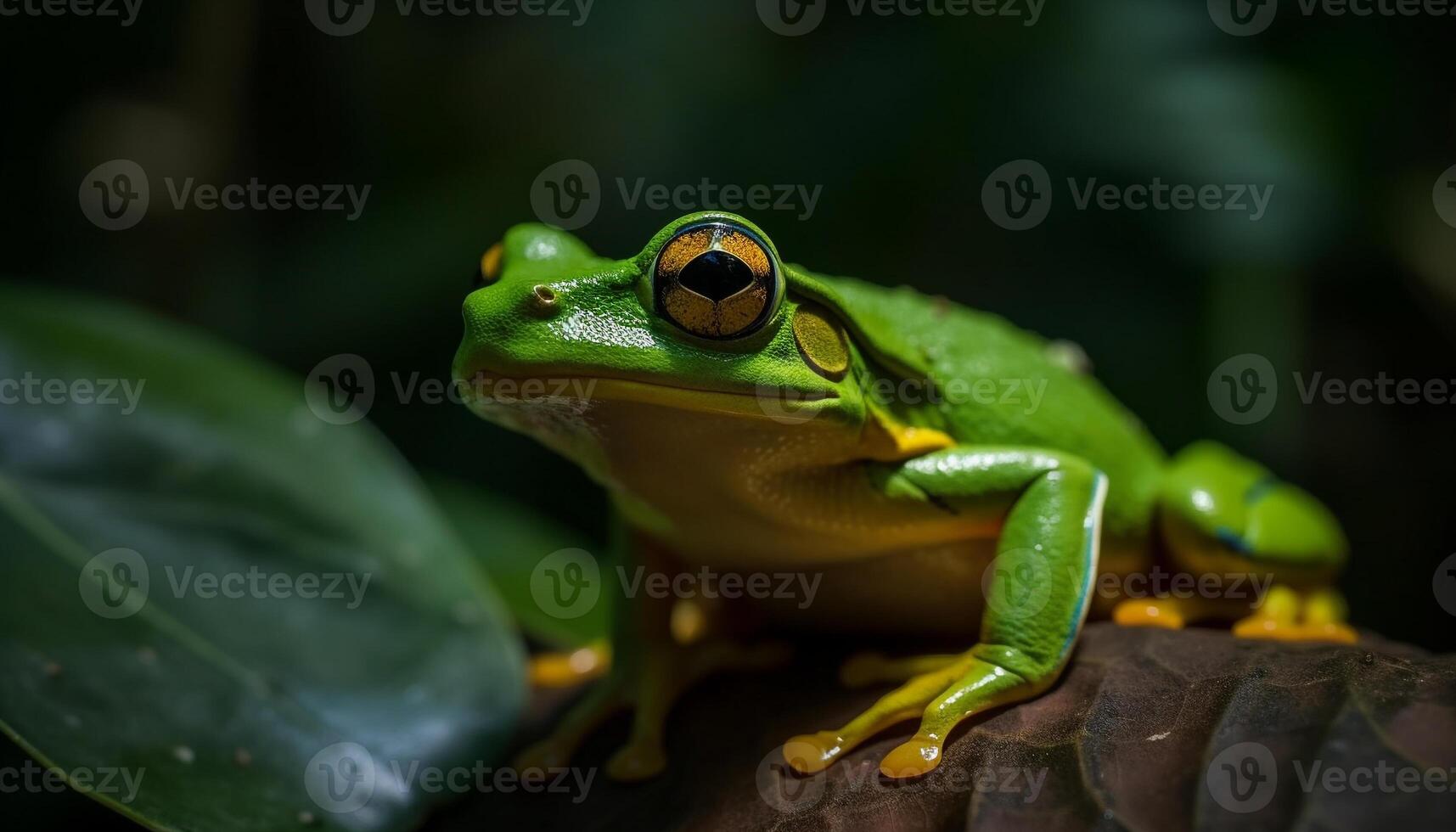 AI generated Cute red eyed tree frog sitting on wet leaf in tropical rainforest generated by AI photo