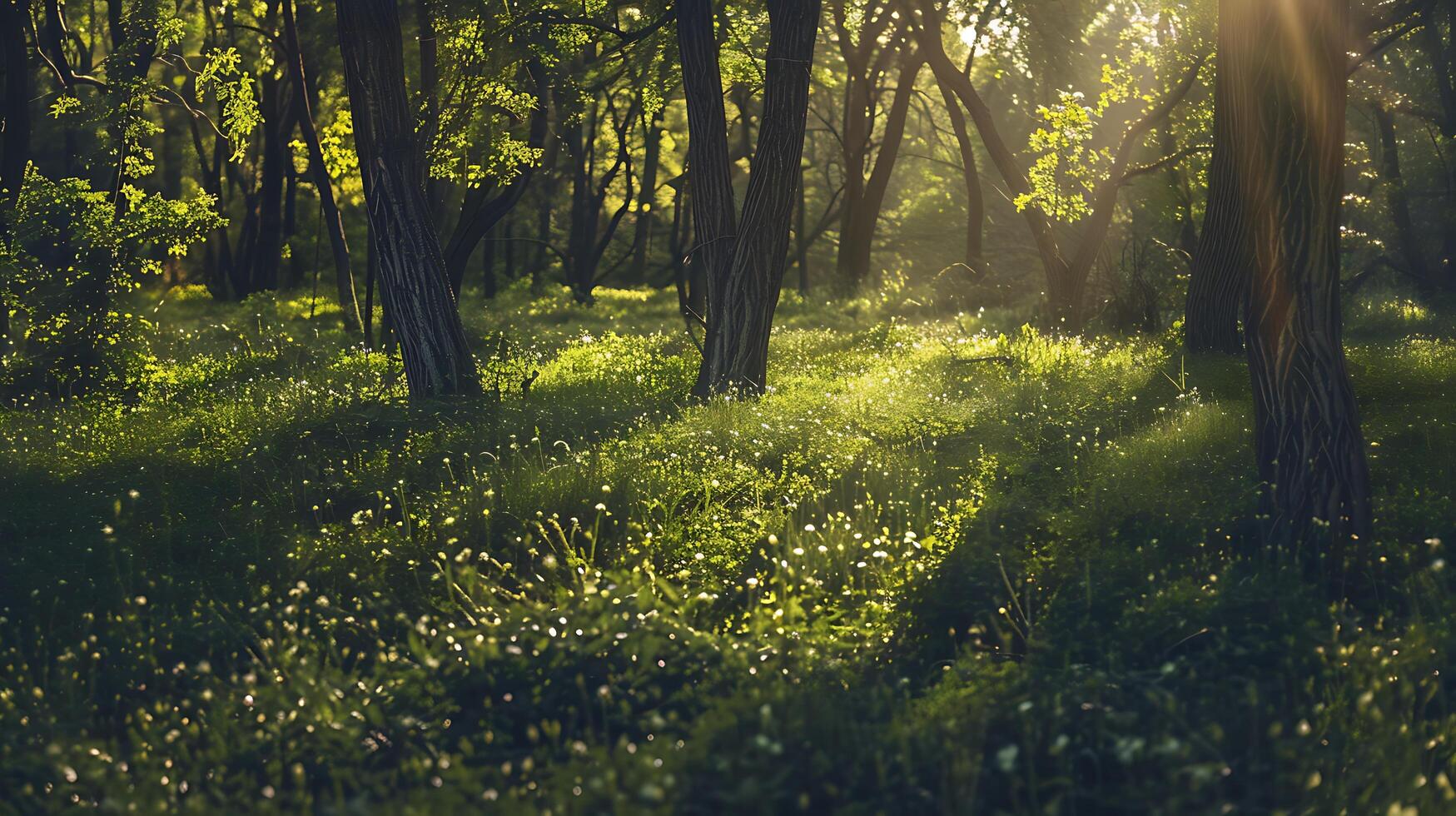 AI generated Sunlit Forest Vibrant Foliage in Wide 24mm Shot photo