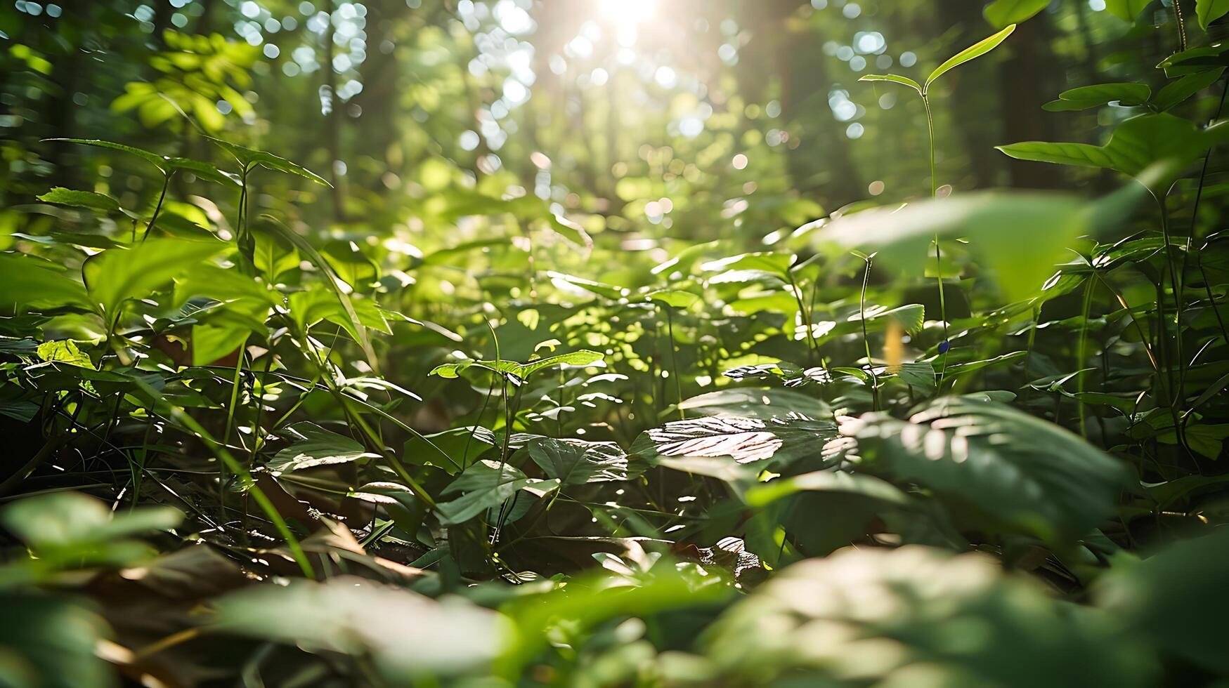 AI generated Sunlight Filters Through Lush Green Forest Creating Dappled Patterns photo