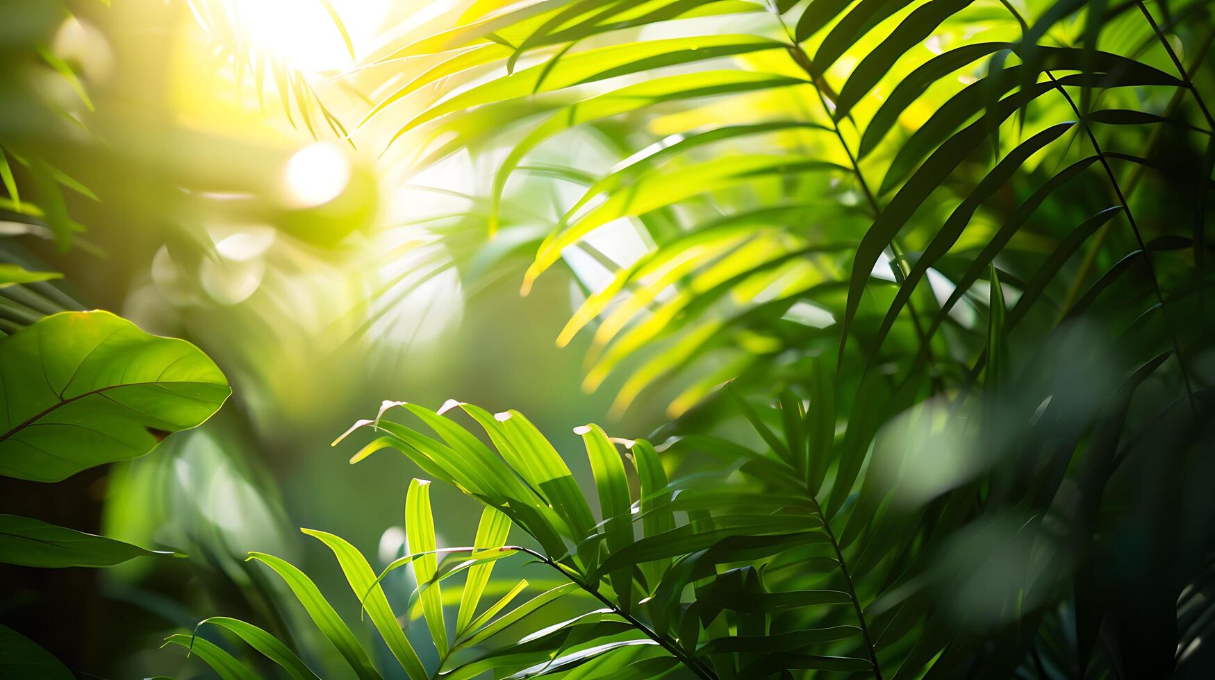 AI generated Vibrant Green Leaf in Focus Among Sunlit Foliage photo