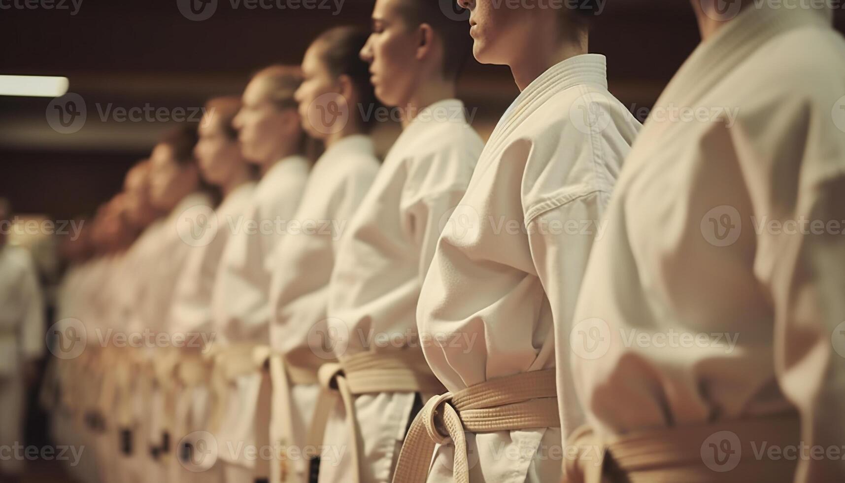 ai generado joven adultos en uniforme en pie en etapa a un seminario generado por ai foto