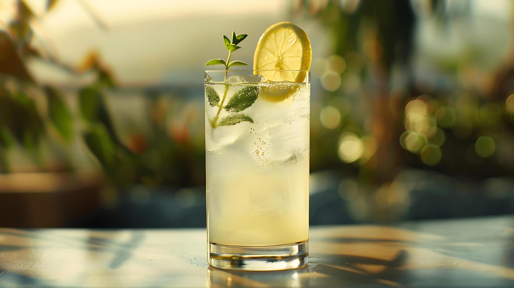 AI generated Icy Refreshment 50mm Lens Captures Lemonade Glass with Mint and Lemon Against Bright Background photo