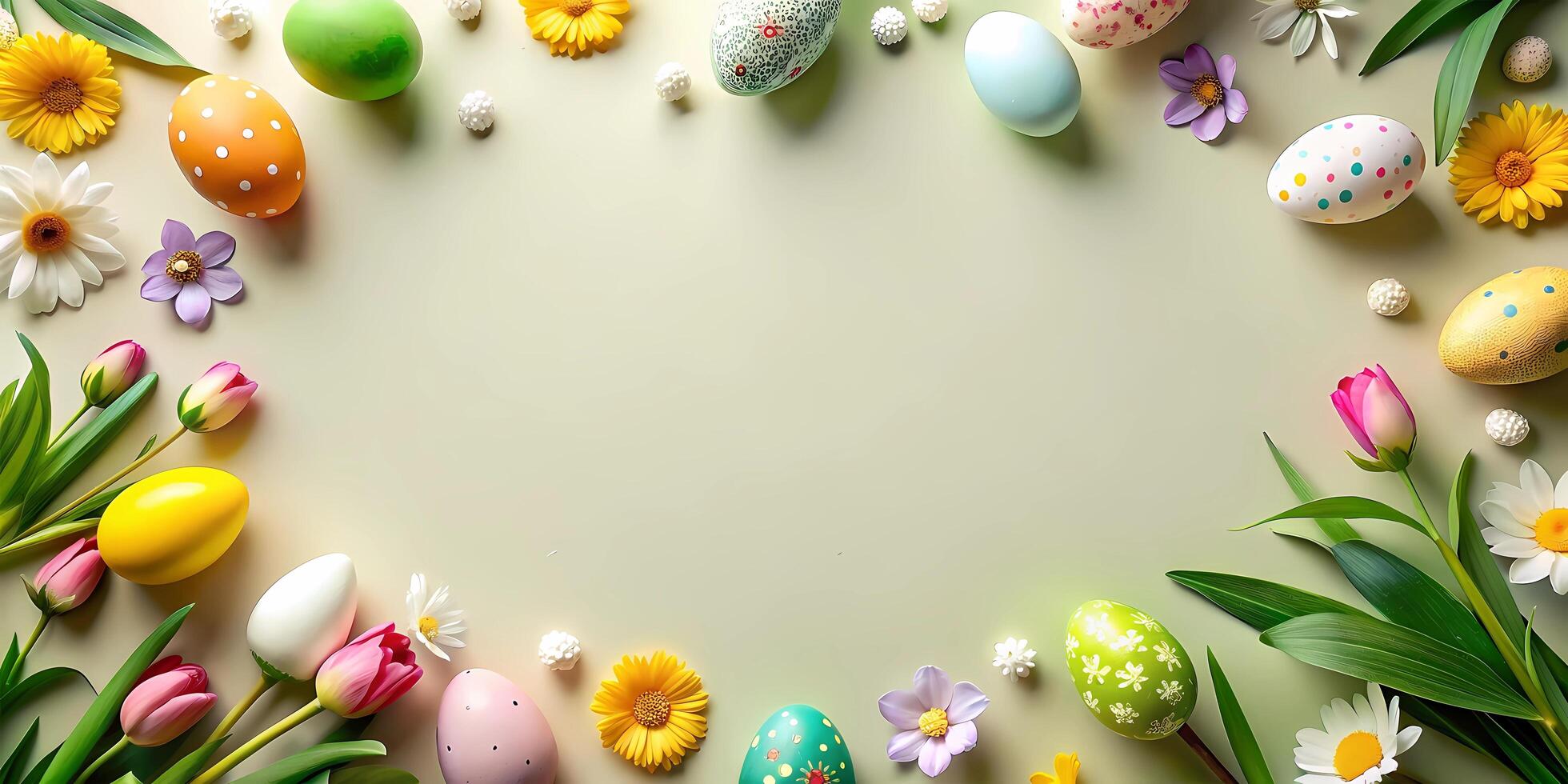 AI generated An Easter Backdrop with Eggs And Flowers photo