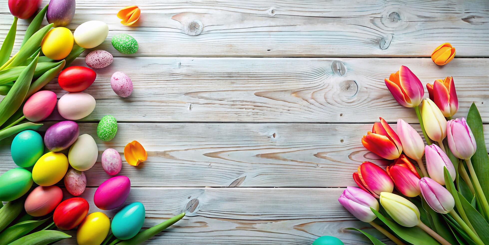 AI generated Bright Easter Background with Painted Eggs and Tulips photo