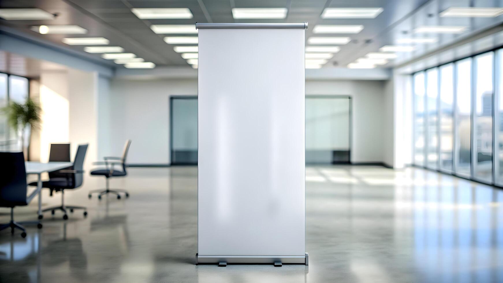 AI generated A Blank Roll Up Banner In A Blurred Office Backdrop photo