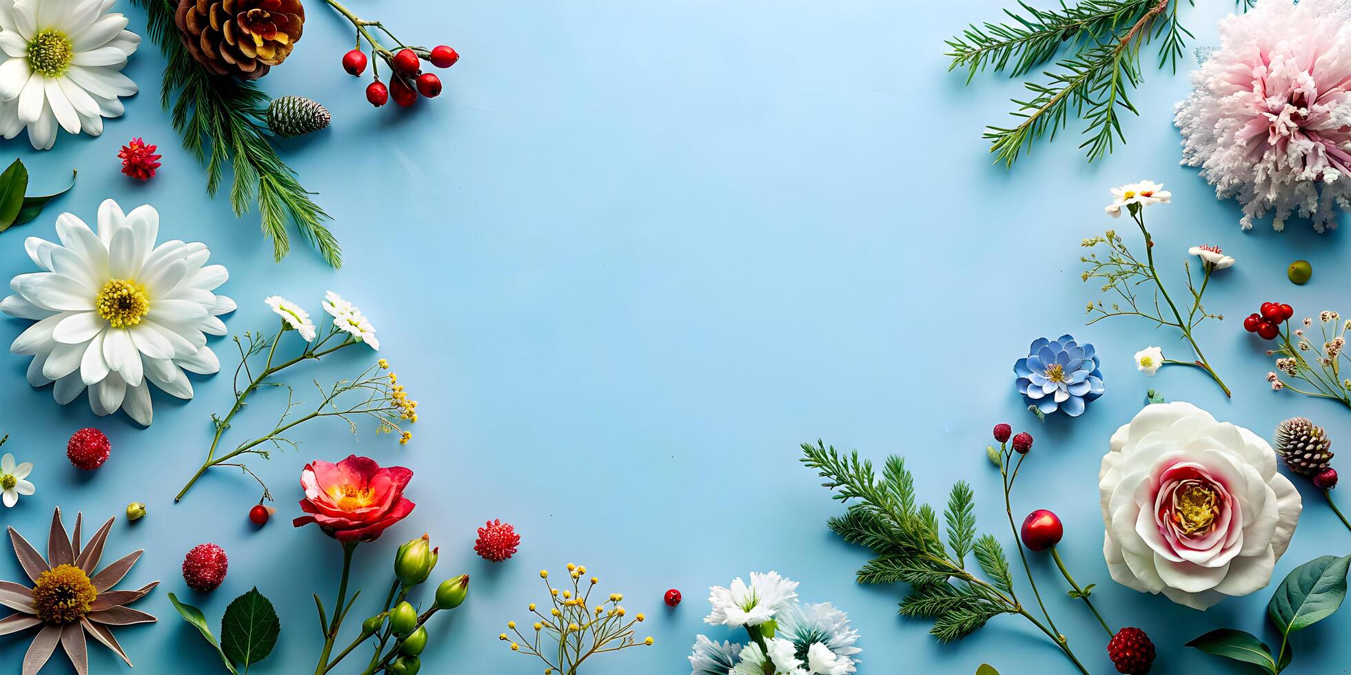 AI generated Lovely Winter Flowers On Blue Surface photo