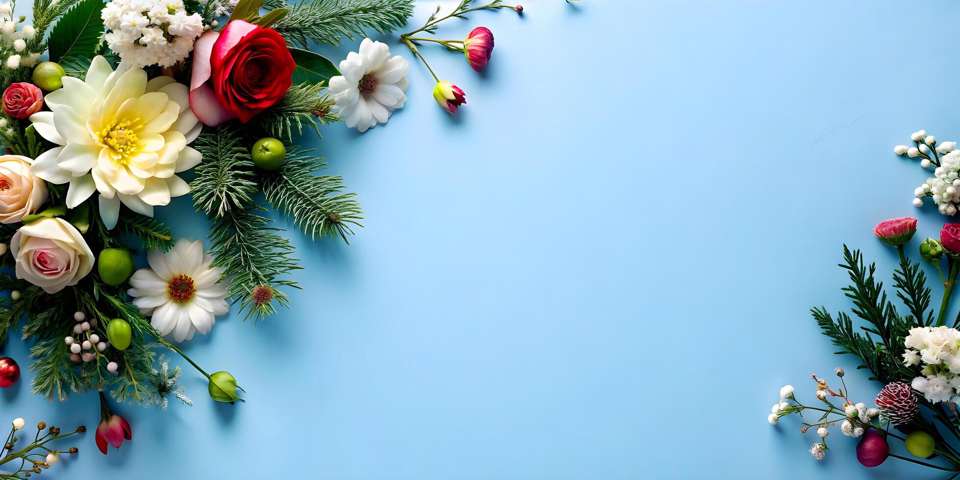 AI generated Winter Flowers Bloom On Blue Backdrop, Flat Lay photo