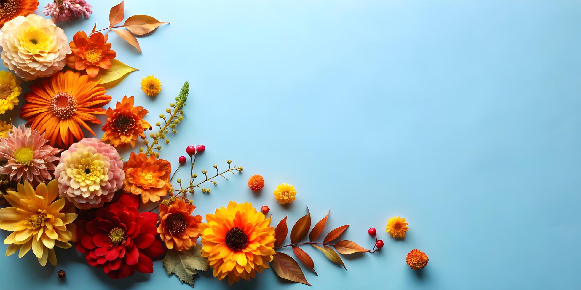 AI generated Pretty Fall Flower Blossoms, Blue Background, Copy Space photo