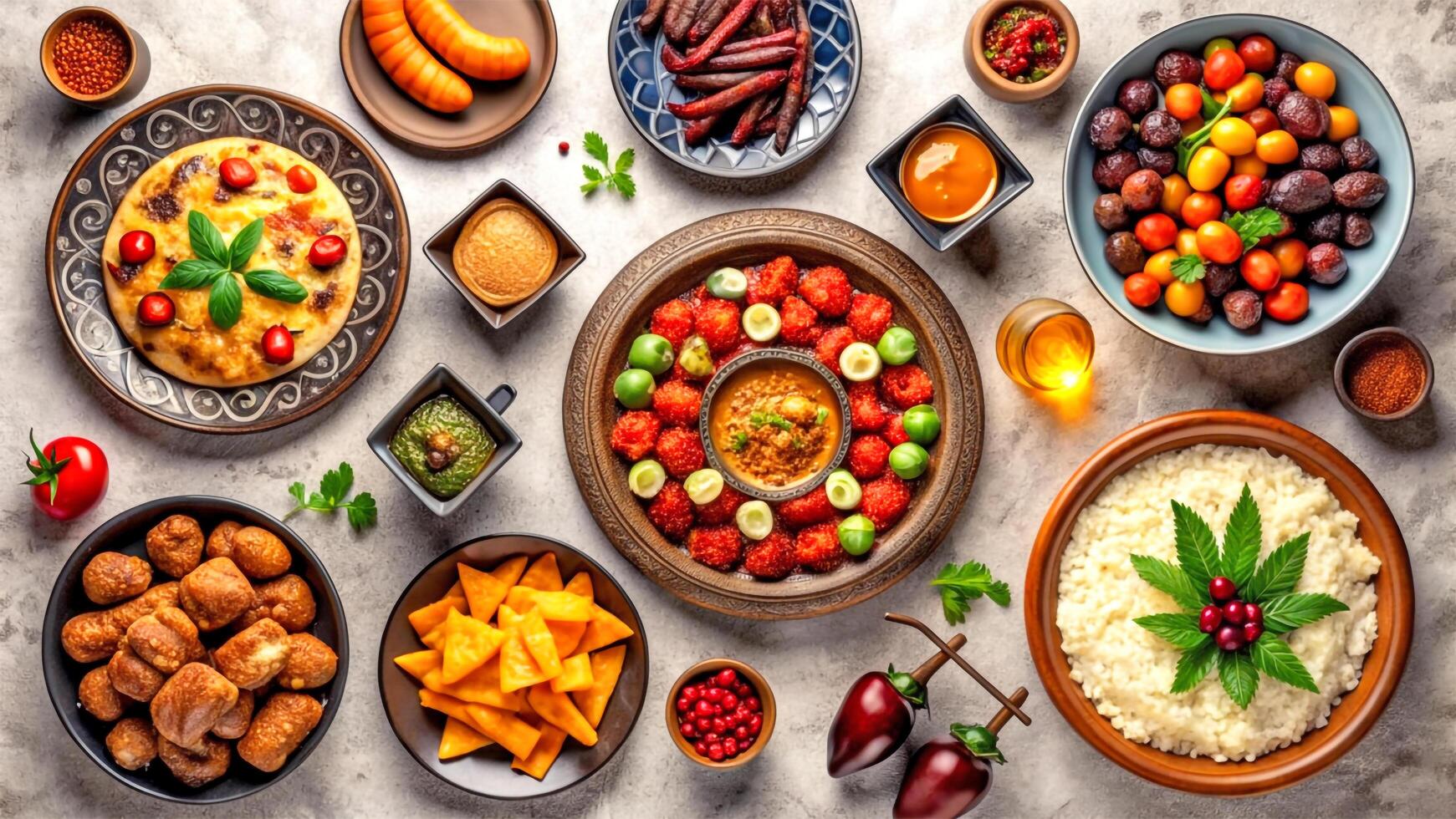 AI generated Ramadan Kareem Iftar Table Featuring Festive Foods photo