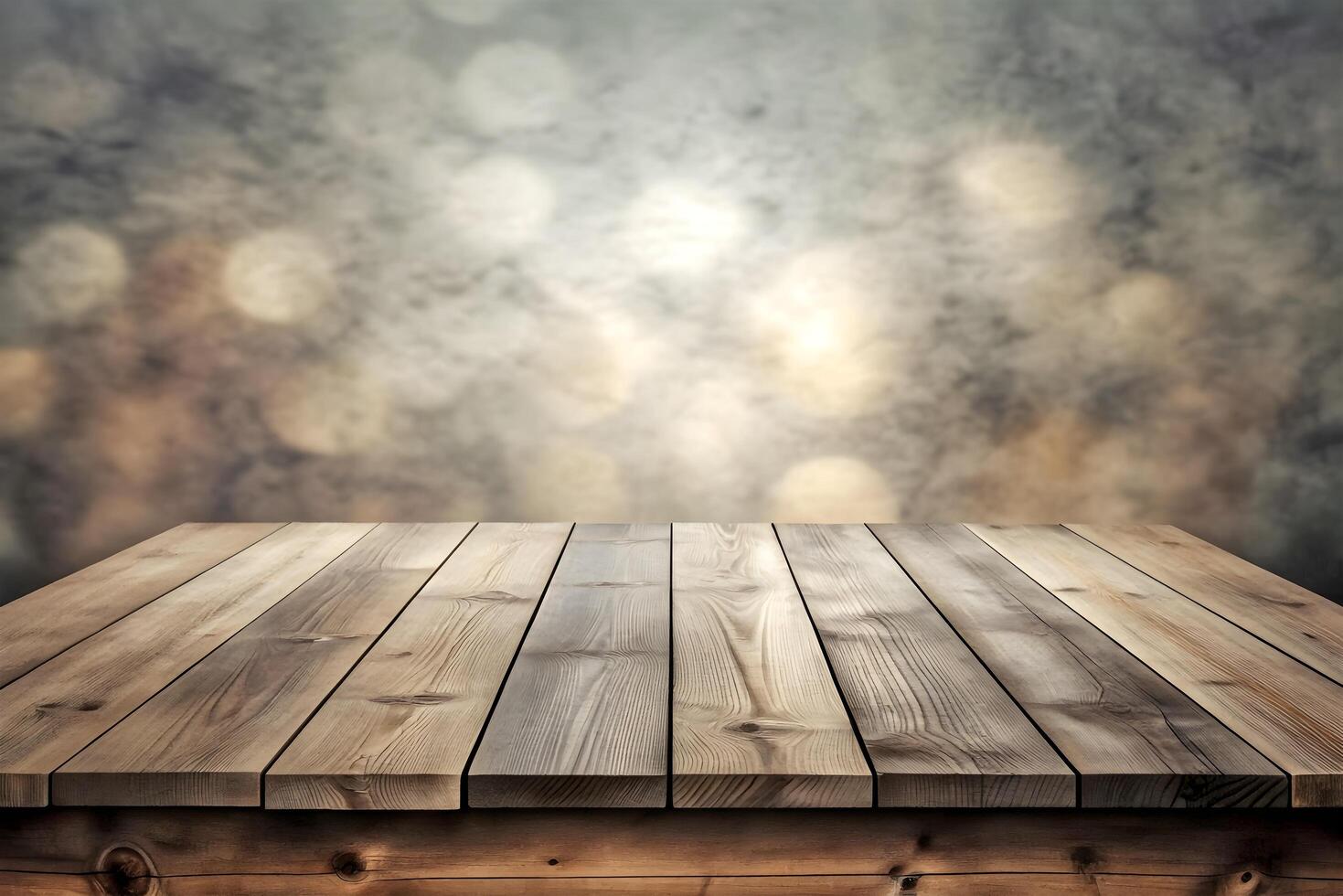 AI generated Wooden Gray Tabletop Over a Blurry Wall Background photo