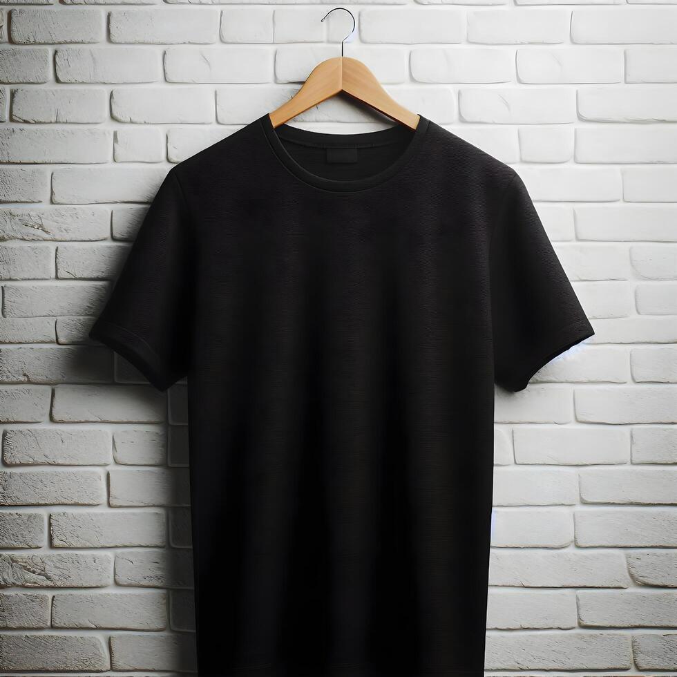 AI generated A Black T-Shirt Mockup Hanging On The Wall photo