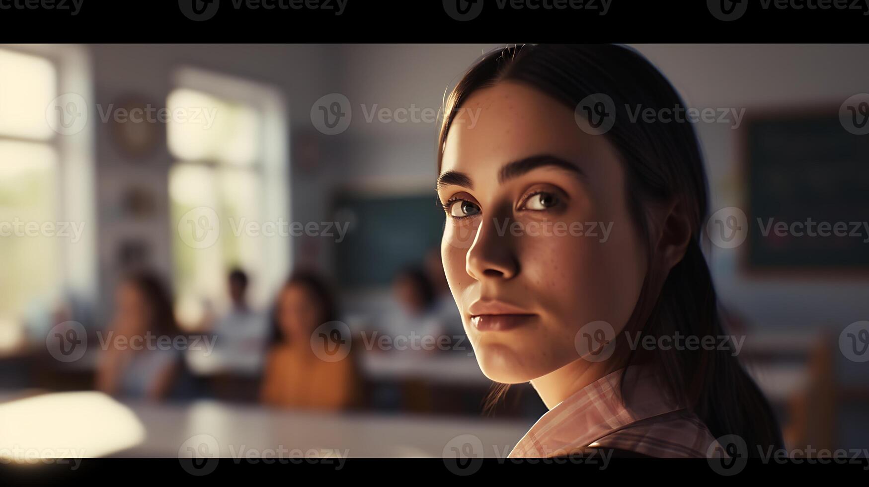 AI generated Young Woman Gazing Into the Distance. Generative AI. photo