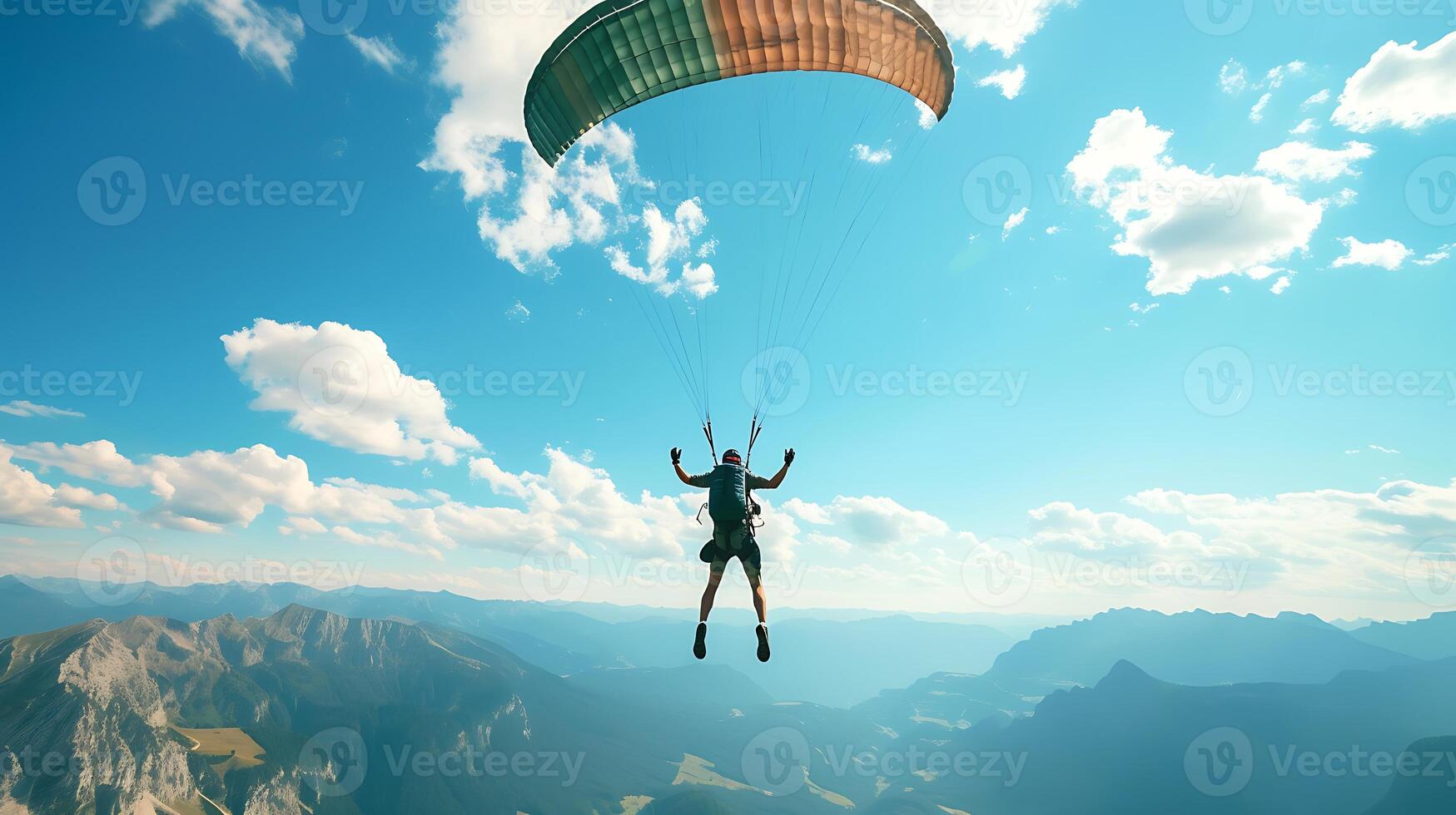 AI generated Man Flying Through Air Riding Parachute. Generative AI. photo