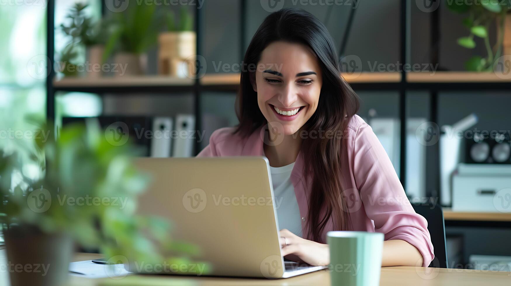 AI generated Woman Using Laptop at Table. Generative AI. photo