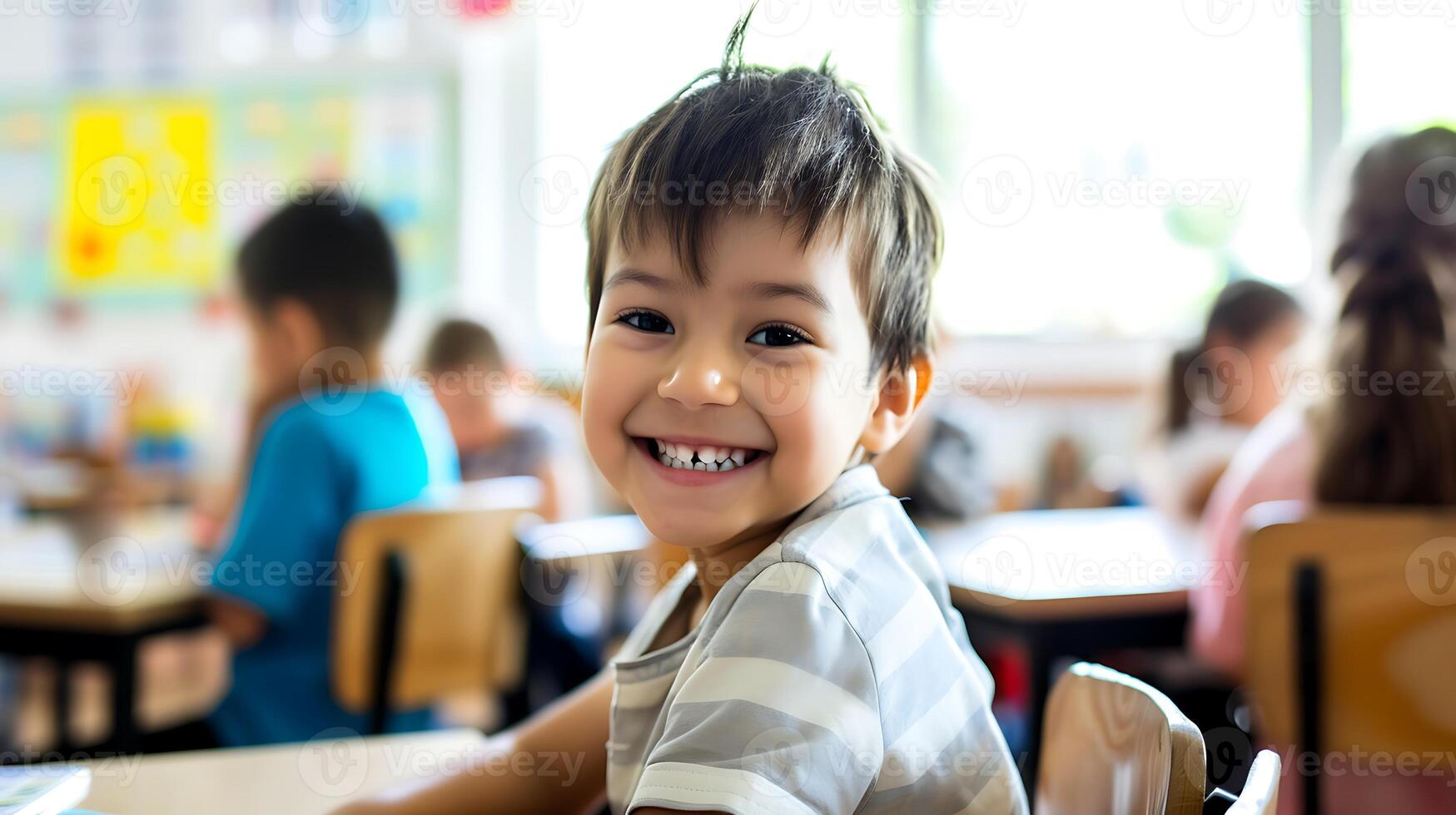 ai generado joven chico sentado a salón de clases mesa. generativo ai. foto