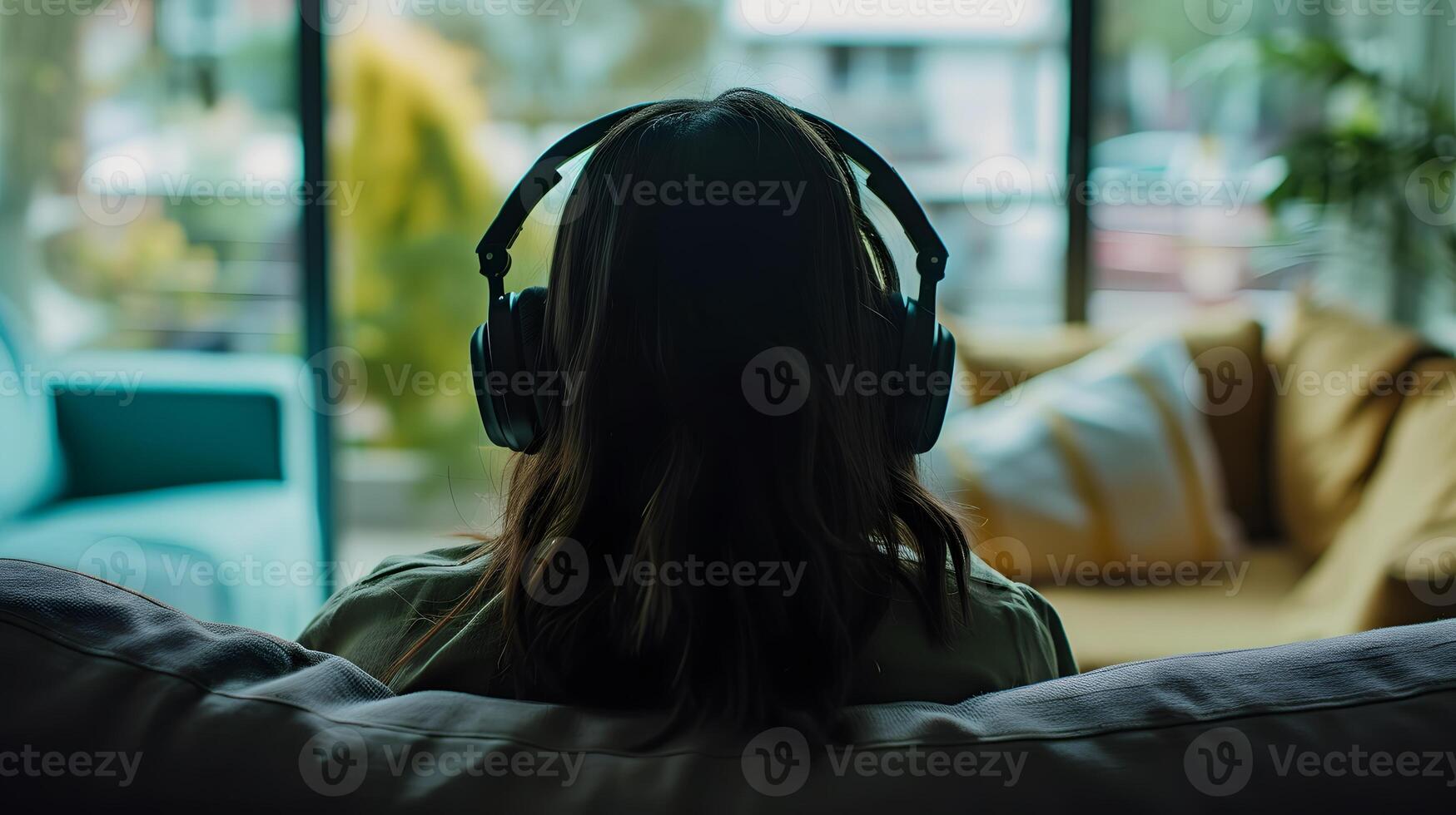 AI generated Woman in Headphones Relaxing on Couch. Generative AI photo