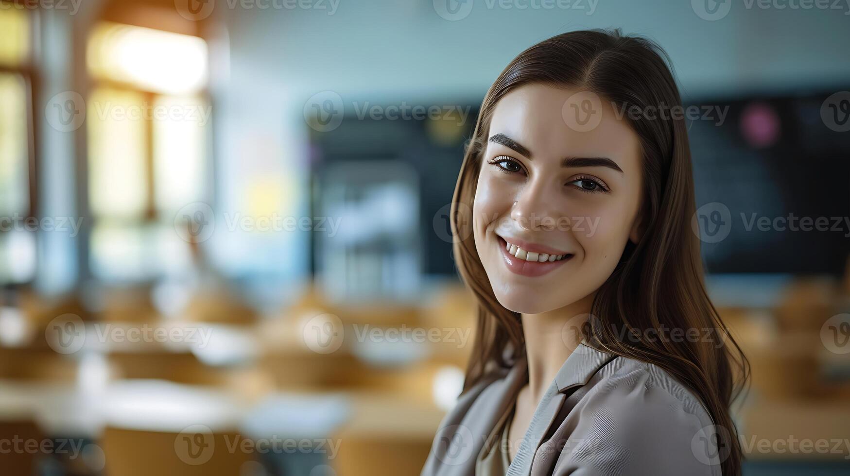 AI generated Smiling Woman in classroom. Generative AI. photo