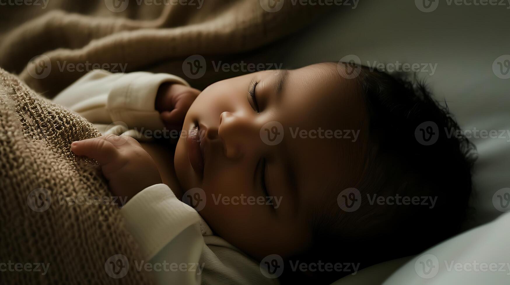 AI generated Baby Sleeping on Bed With Blanket. Generative AI. photo