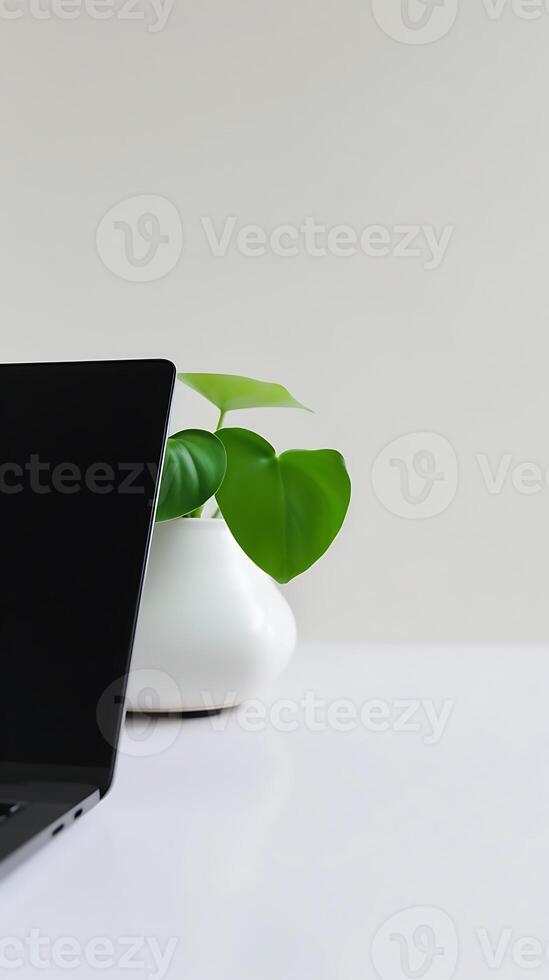 AI generated Laptop Computer on White Table. Generative AI. photo