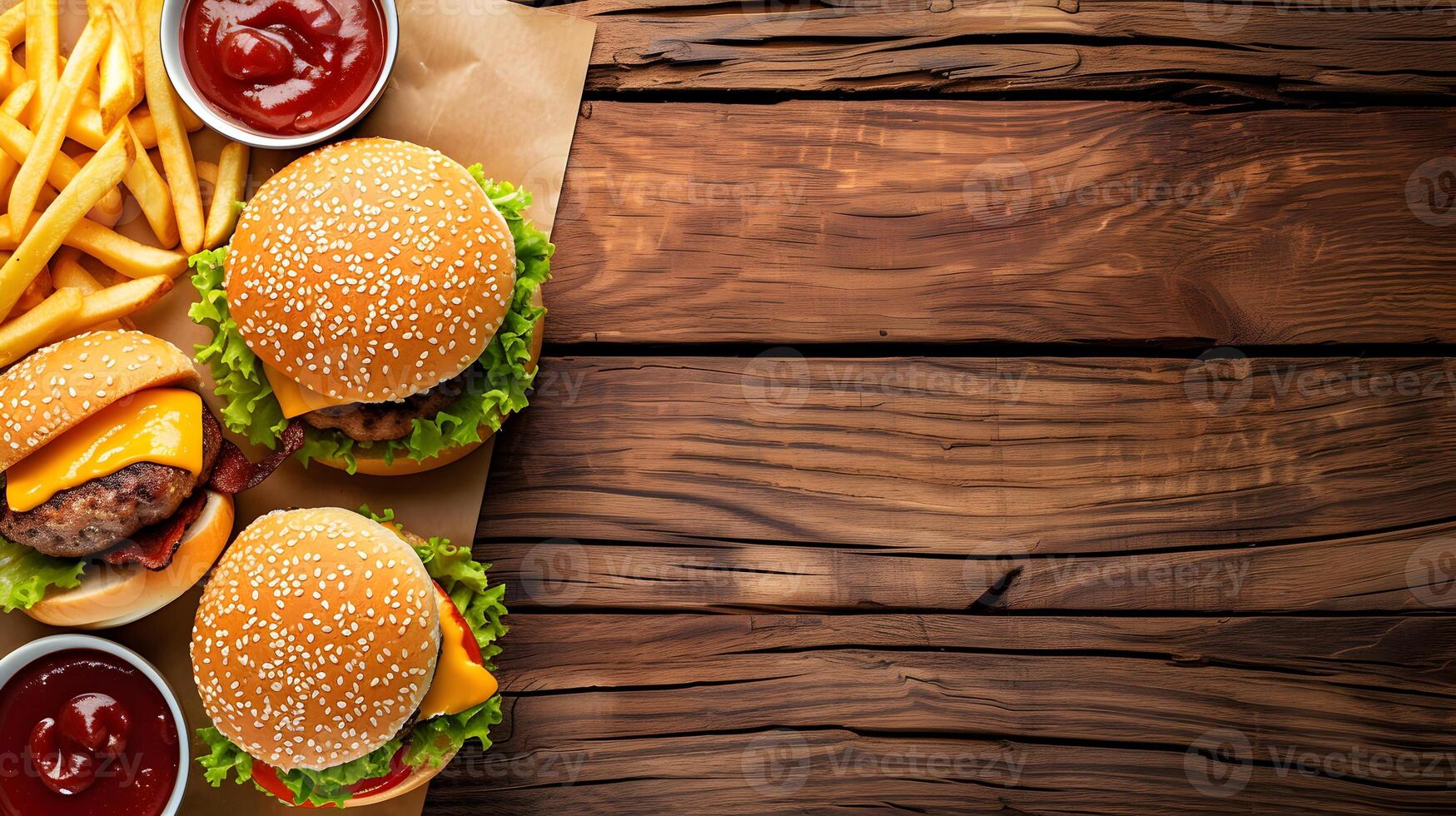 AI generated Hamburgers, Fries, and Ketchup on Wooden Background. Generative AI photo