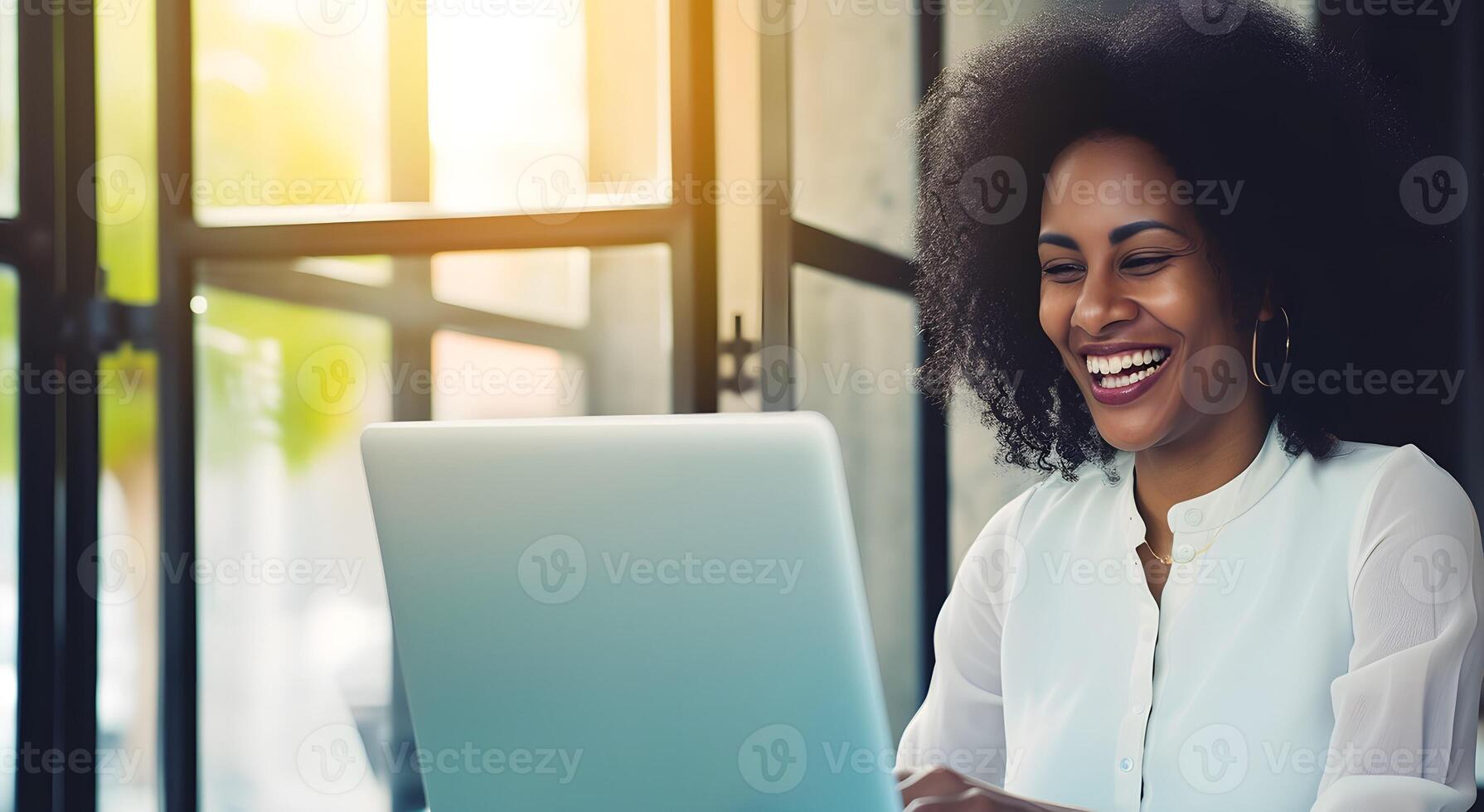 AI generated Joyful Woman Engaged in Online Training Session. Generative AI photo