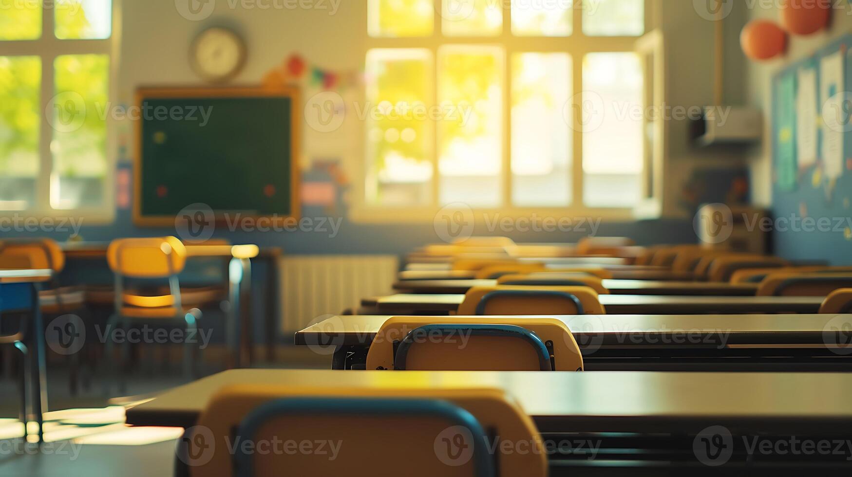 AI generated Classroom Filled With Desks and Chairs. Generative AI. photo