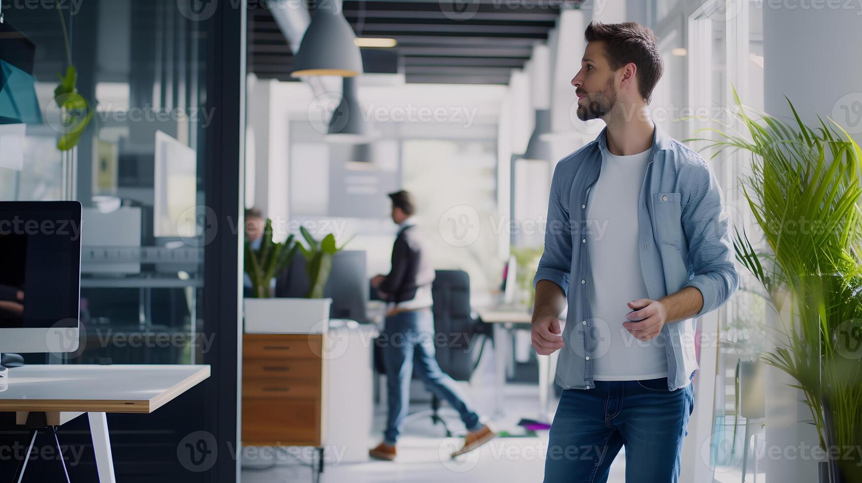 AI generated Casual Caucasian Man Walking in Modern Office Space. Generative AI photo