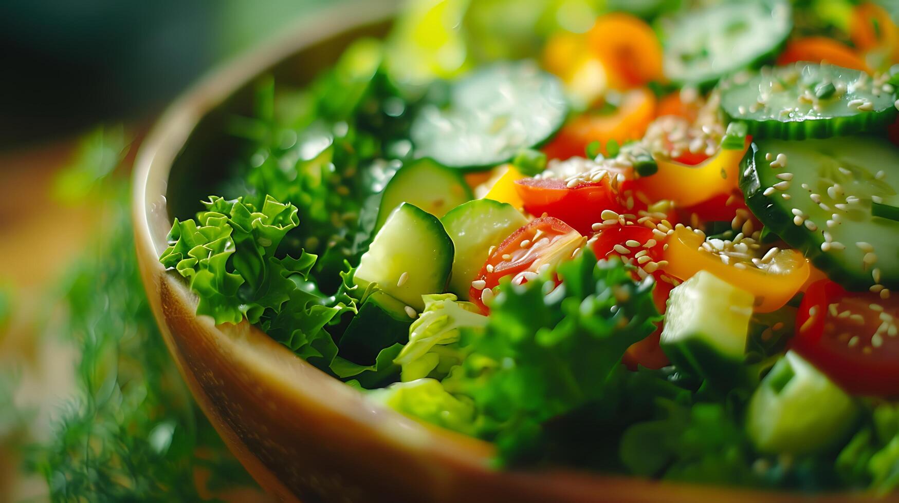 AI generated Vibrant Salad Bowl A 50mm CloseUp of Fresh Vegetables with Colorful Toppings Capturing Texture and Detail photo