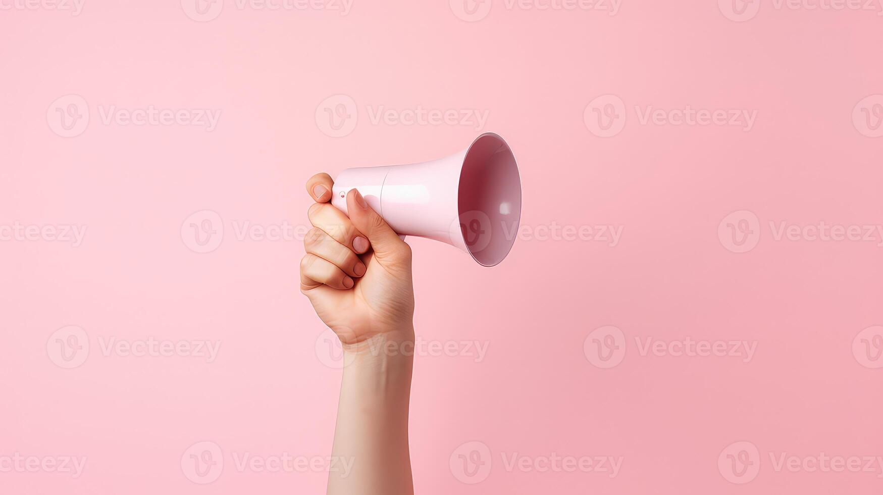 AI generated Female hand holding a white megaphone on a pink background. photo