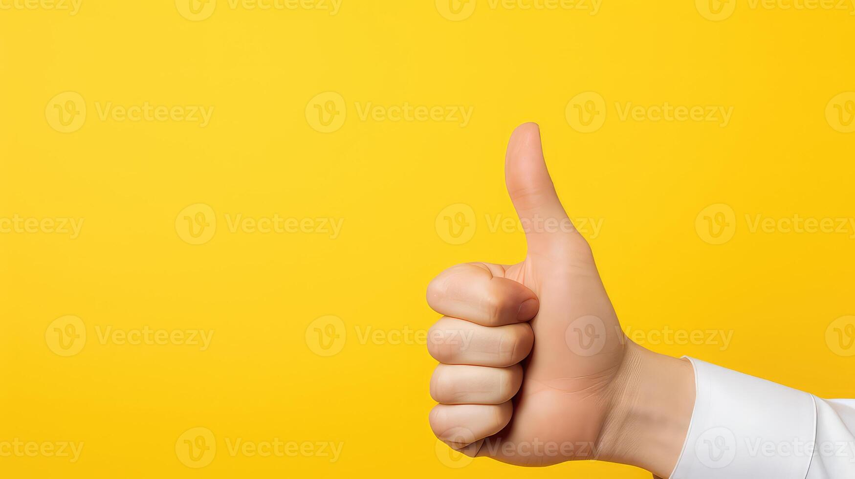 AI generated closeup hands showing thumbs up on a yellow background with copy space photo